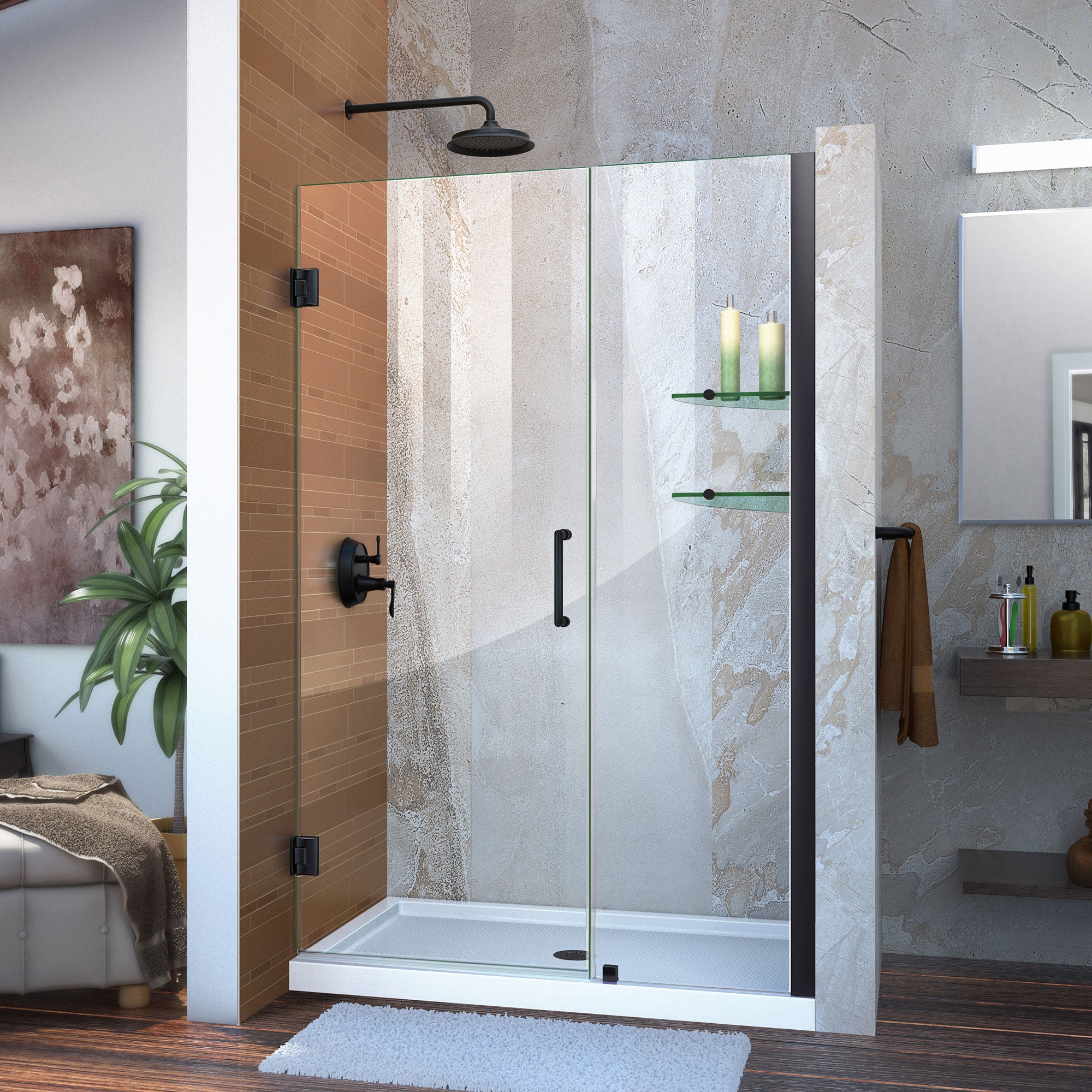 DreamLine Unidoor 48-49 Inch W x 72 Inch H Frameless Hinged Shower Door with Built-in Shelves - Clear Tempered Glass for Bathroom & Walk-in Shower Installation
