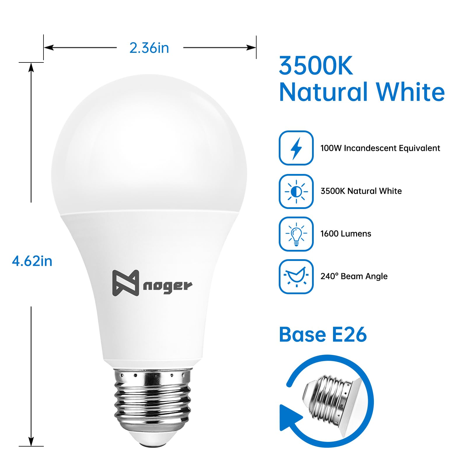 100W Equivalent A19 LED Light Bulbs 4-Pack - 15W Energy Saving, 1600LM Brightness, 3500K Natural White, E26 Base, Non-Dimmable - Perfect for Bedroom, Living Room & Office Lighting