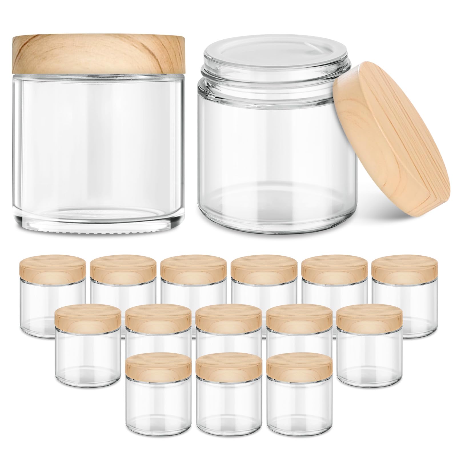 4 oz Small Glass Jars with Woodgrain Plastic Lids & Inner Liners - 16 Pack Reusable Travel Containers for Creams, Makeup, Lotion, Cosmetics | Perfect for DIY Beauty Products, Travel Toiletries & Home Organization