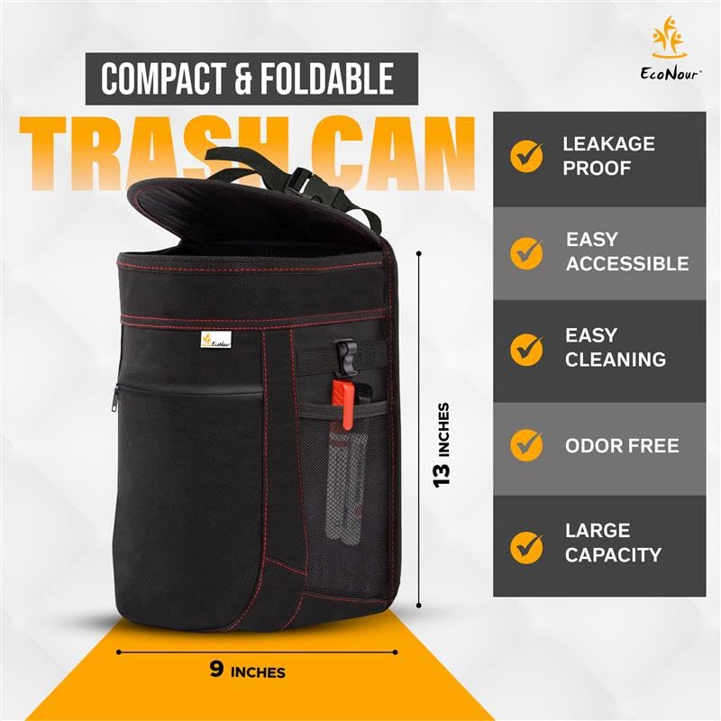 EcoNour Waterproof Hanging Car Trash Can with Lid & Storage Pockets - Removable Inner Bag for Easy Cleaning - Perfect for SUVs, Trucks, Vans & Road Trips | Keep Your Vehicle Clean & Organized | Black