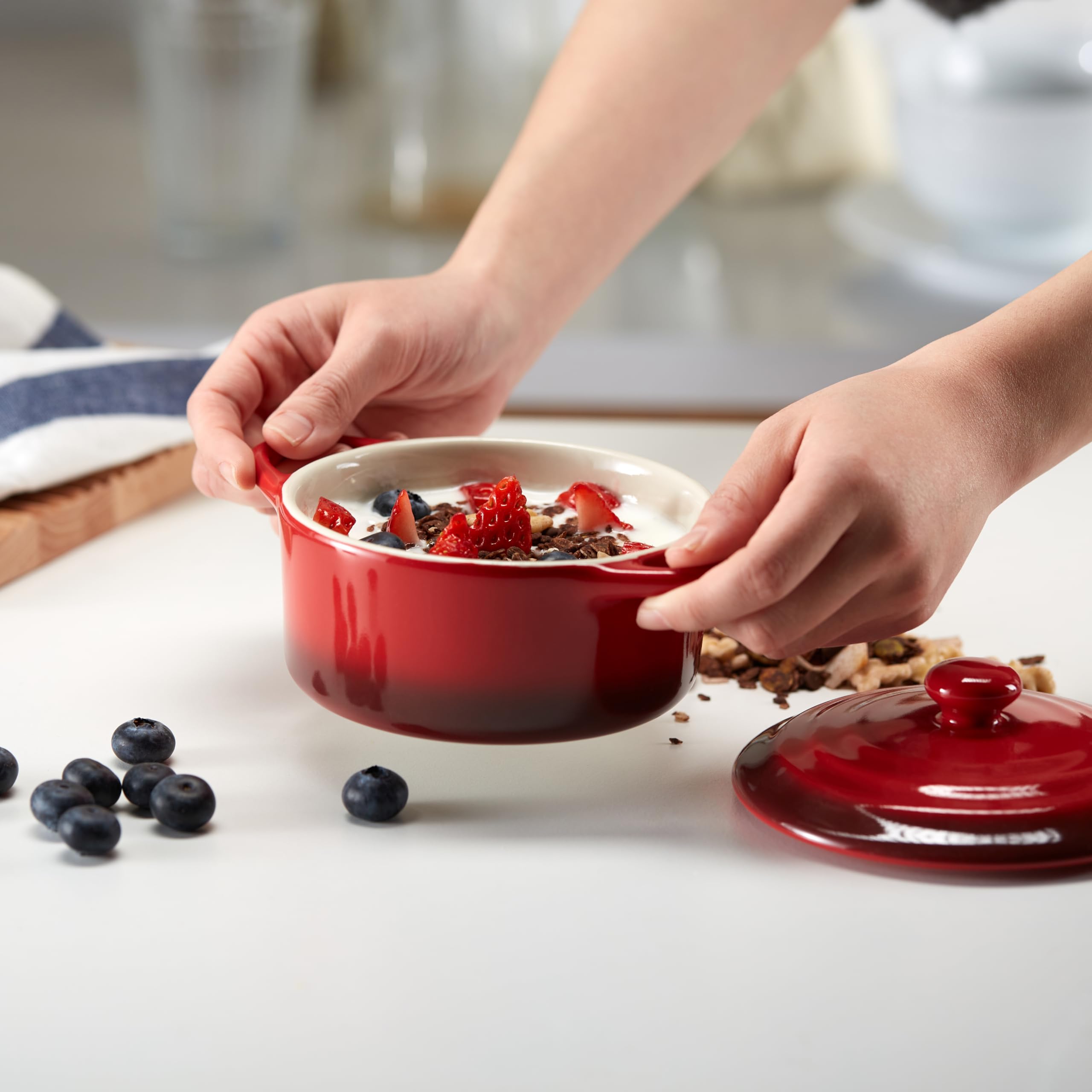 Kook Ceramic Mini Cocotte Set - 4-Piece 12oz Small Casserole Dishes with Lids | Oven, Microwave & Dishwasher Safe Stoneware Ramekins | Perfect for Individual Baking, French Onion Soup & Dessert Serving | Crimson Ombre Color