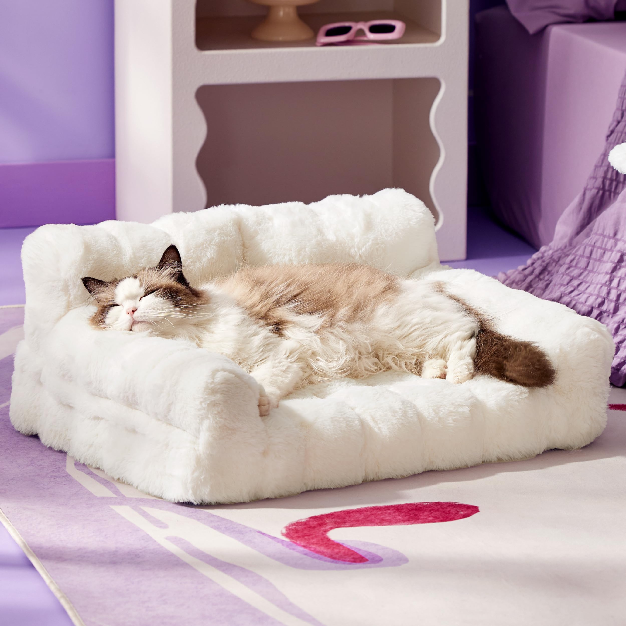 Orthopedic Cat Couch Bed - Waterproof Pet Sofa with Supportive Egg Foam for Small & Medium Cats & Dogs, Washable Fluffy Faux Fur Bubble Cover, Non-Slip Bottom - Perfect for Living Room, Bedroom & Pet Napping Spaces (White)