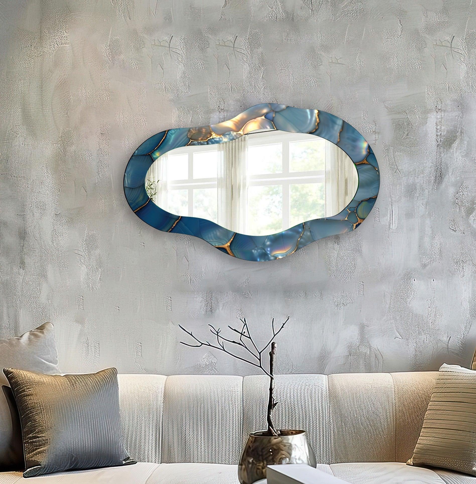 Blue Metallic Asymmetrical Wall Mirror - Modern Decorative Mirror for Living Room, Bedroom & Entryway - Unique Home Decor Accent Piece