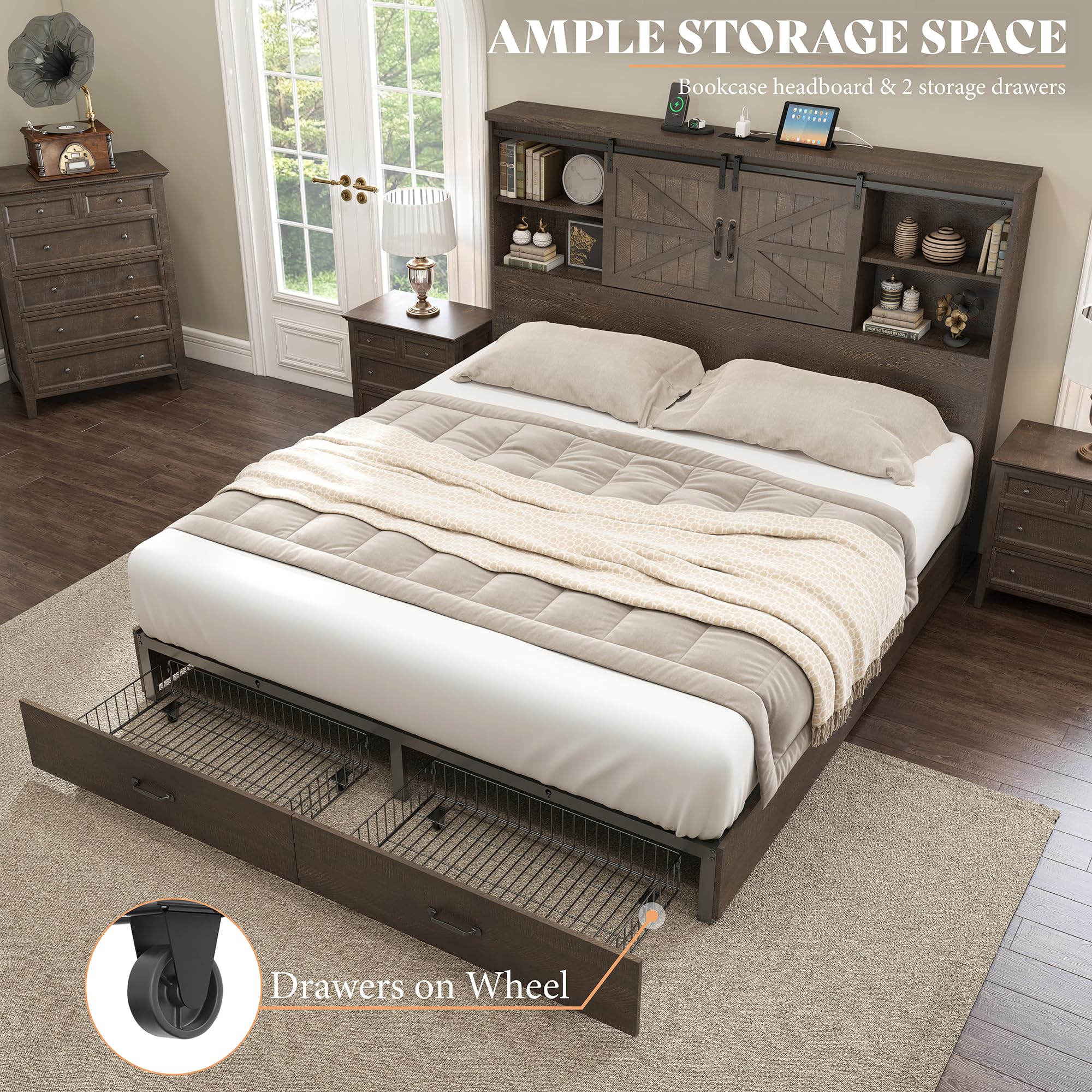 AMERLIFE Queen Bed Frame with LED Bookcase Headboard & 4 Under-Bed Drawers, 2-Piece Bedroom Set with Tall 5-Drawer Farmhouse Dresser, Dark Oak - Perfect for Modern Farmhouse, Apartment & Guest Room Decor