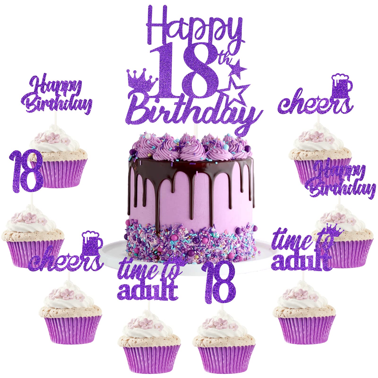 Happy 18th Birthday Cake Toppers - 25 Pack Purple Cake Picks & Cupcake Decorations for Girls | Eighteen Years Old Party Supplies for Birthday Celebrations, Sweet 16 Parties & Milestone Events