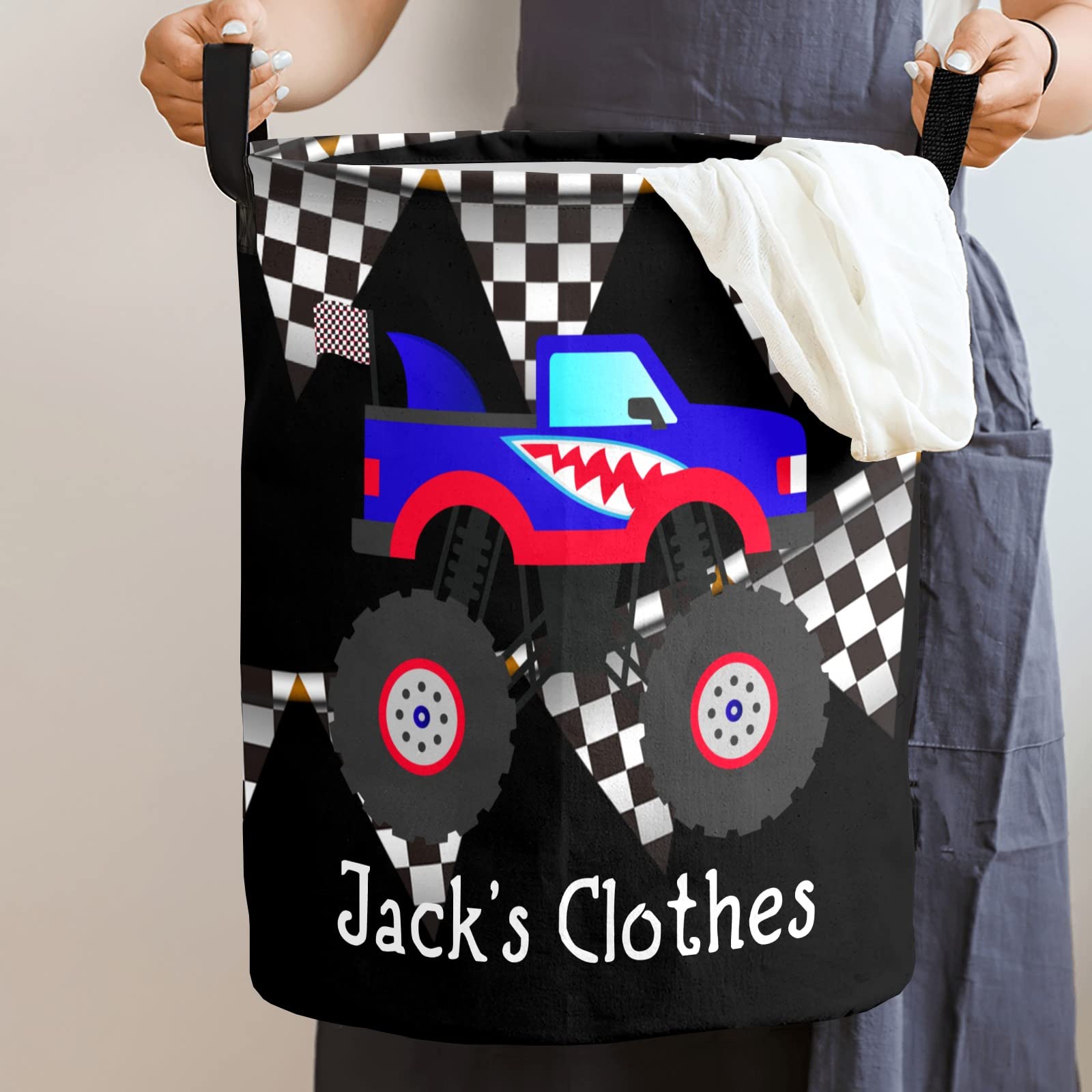 Custom Monster Truck Laundry Hamper - Waterproof Collapsible Drawstring Storage Basket with Handle for Clothes & Toys (50x36cm) | Perfect for Kids' Room, Nursery & Playroom Organization