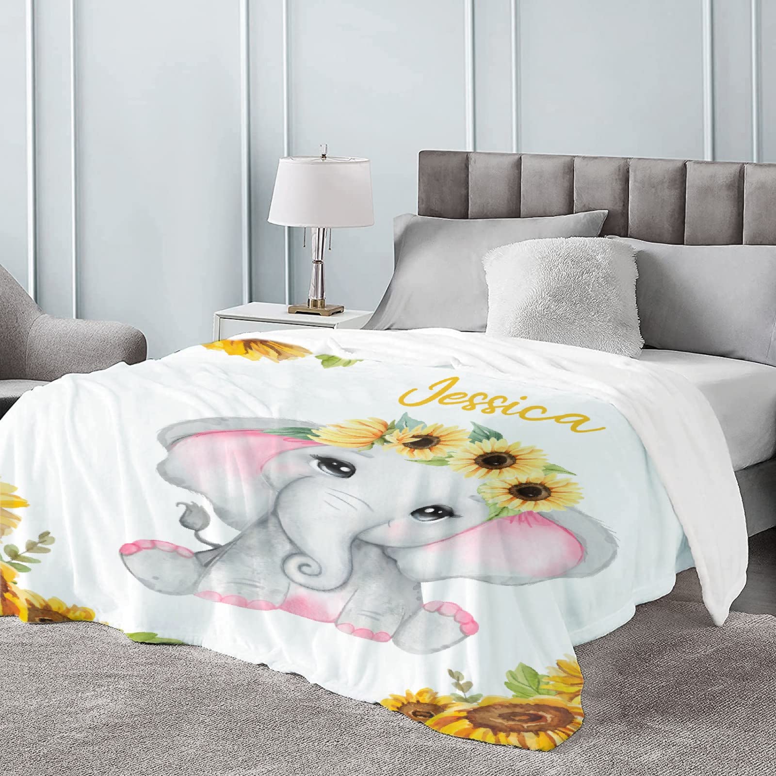 Personalized Baby Blanket with Name - Sunflower Elephant Design Fleece Flannel Blanket for Girls & Boys | Custom Baby Shower Gift, Birthday Present for Daughter & Granddaughter | Extra Large 120x90 Inch | Perfect for Nursery, Family Photos & Cozy Moments