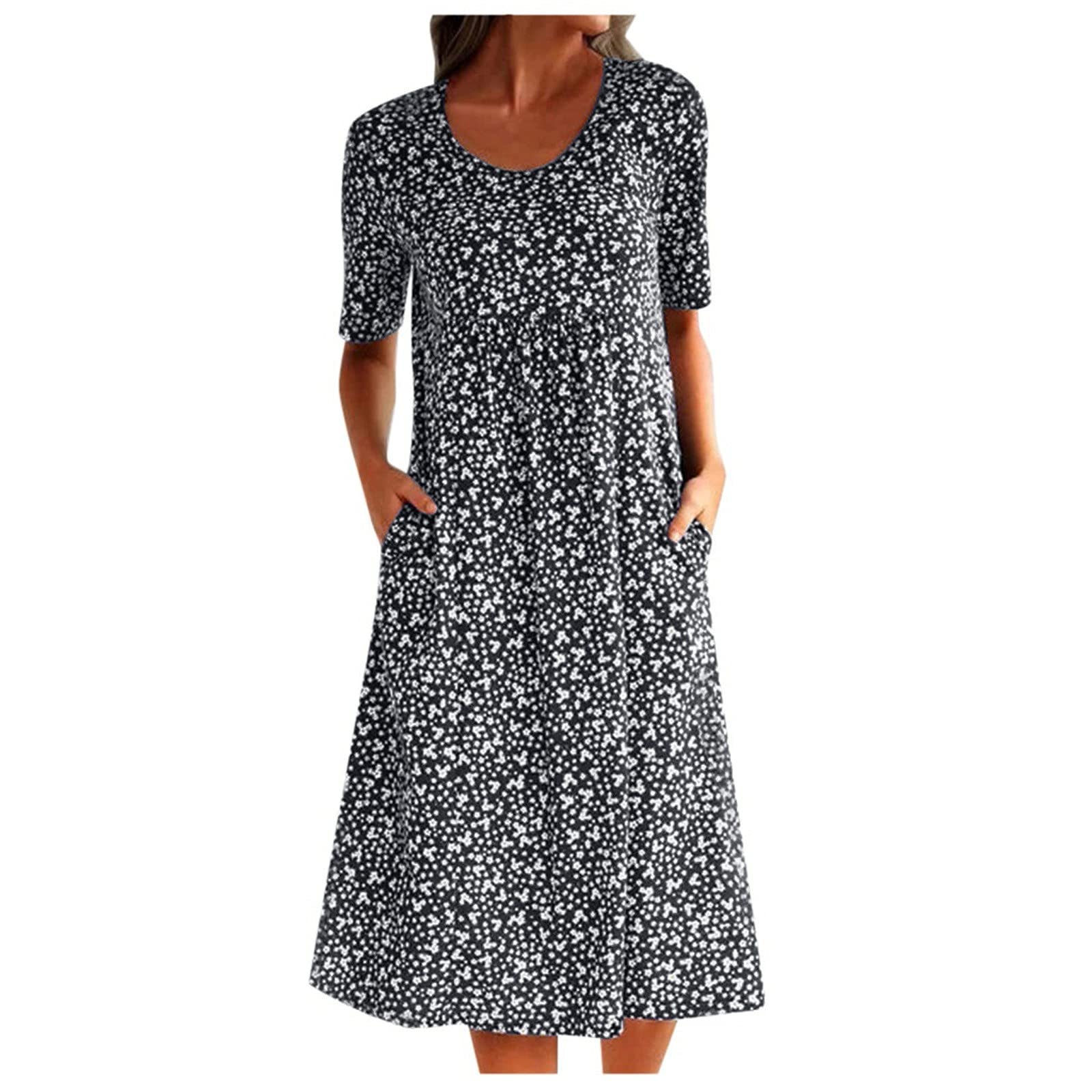 Ikevan Women's Summer Boho Floral Print Dress - Round Neck Short Sleeve Loose Fit Pocket Sundress for Beach, Vacation & Casual Outings
