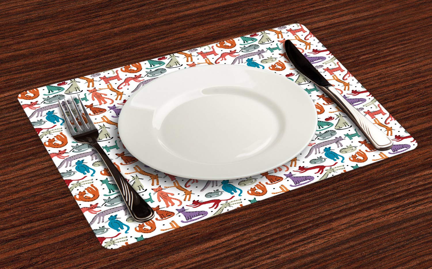 Ambesonne 4-Piece Cat Placemats Set - Pastel Kitten Sketch Art in Playful Poses, Washable Fabric Dining Table Mats, Standard Size, Multicolor - Perfect for Kitchen, Dining Room, and Cat-Themed Parties