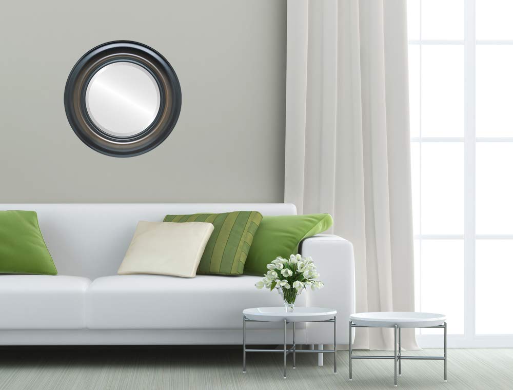 OVALCREST 29x29 Round Beveled Wall Mirror - Lancaster Style Walnut Finish - Elegant Home Decor for Living Room, Bedroom & Entryway