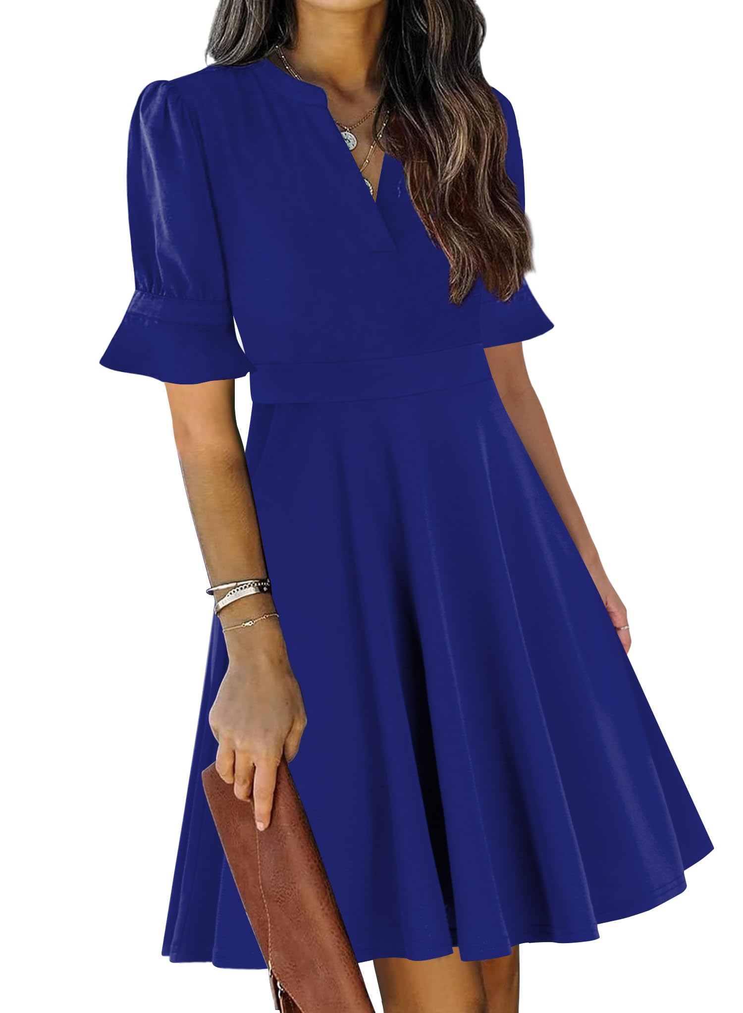 Mokayee Women's Summer V-Neck Ruffle Short Sleeve Fit and Flare Knee-Length Dress with Pockets - Perfect for Church, Wedding Guest, Party & Casual Wear