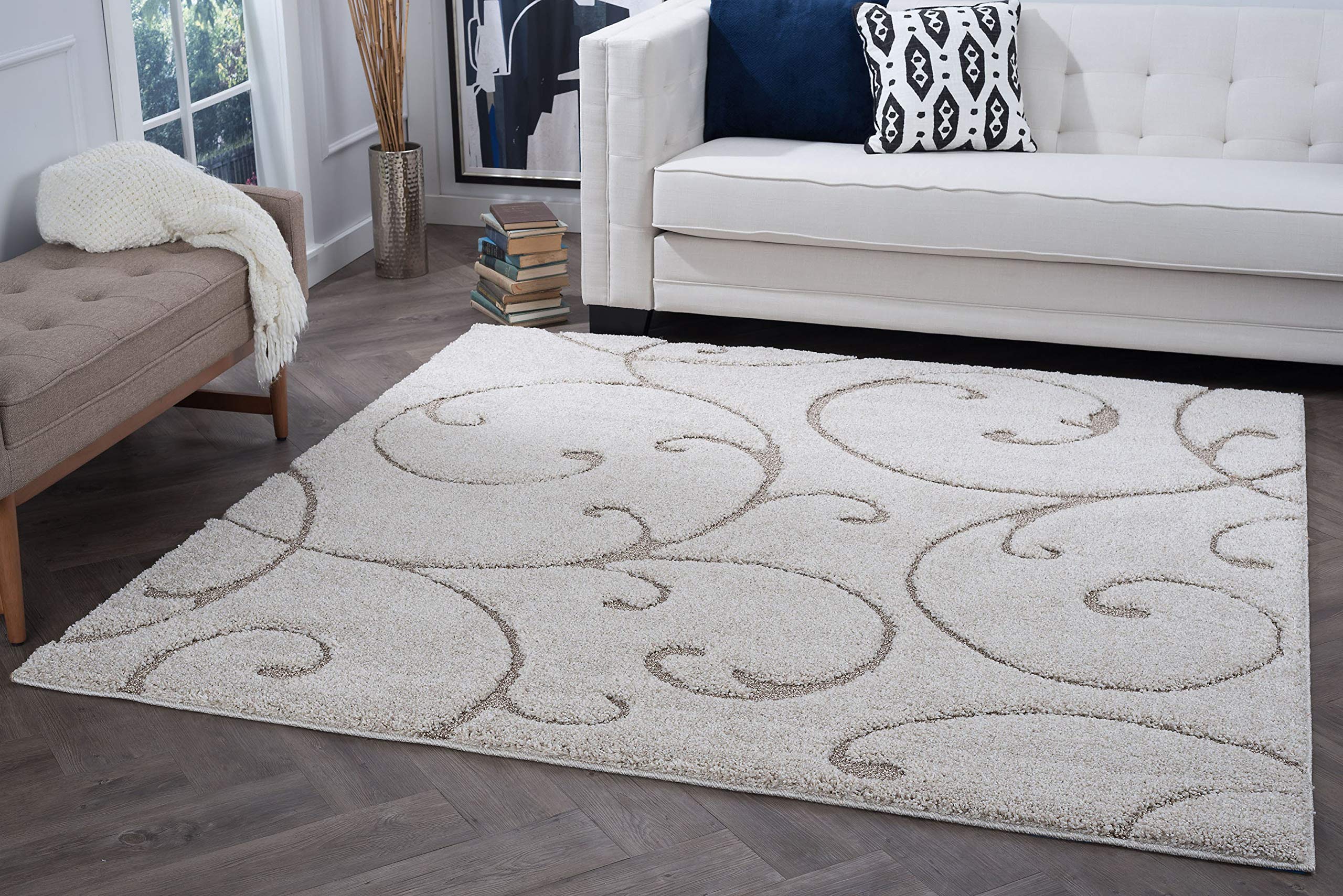 Tayse Scrollwork Cream 7 Foot Shag Square Area Rug - Soft Plush Carpet for Living Room, Bedroom, Dining Room - Home Decor & Cozy Floor Covering | Perfect for Adding Warmth to Modern Spaces