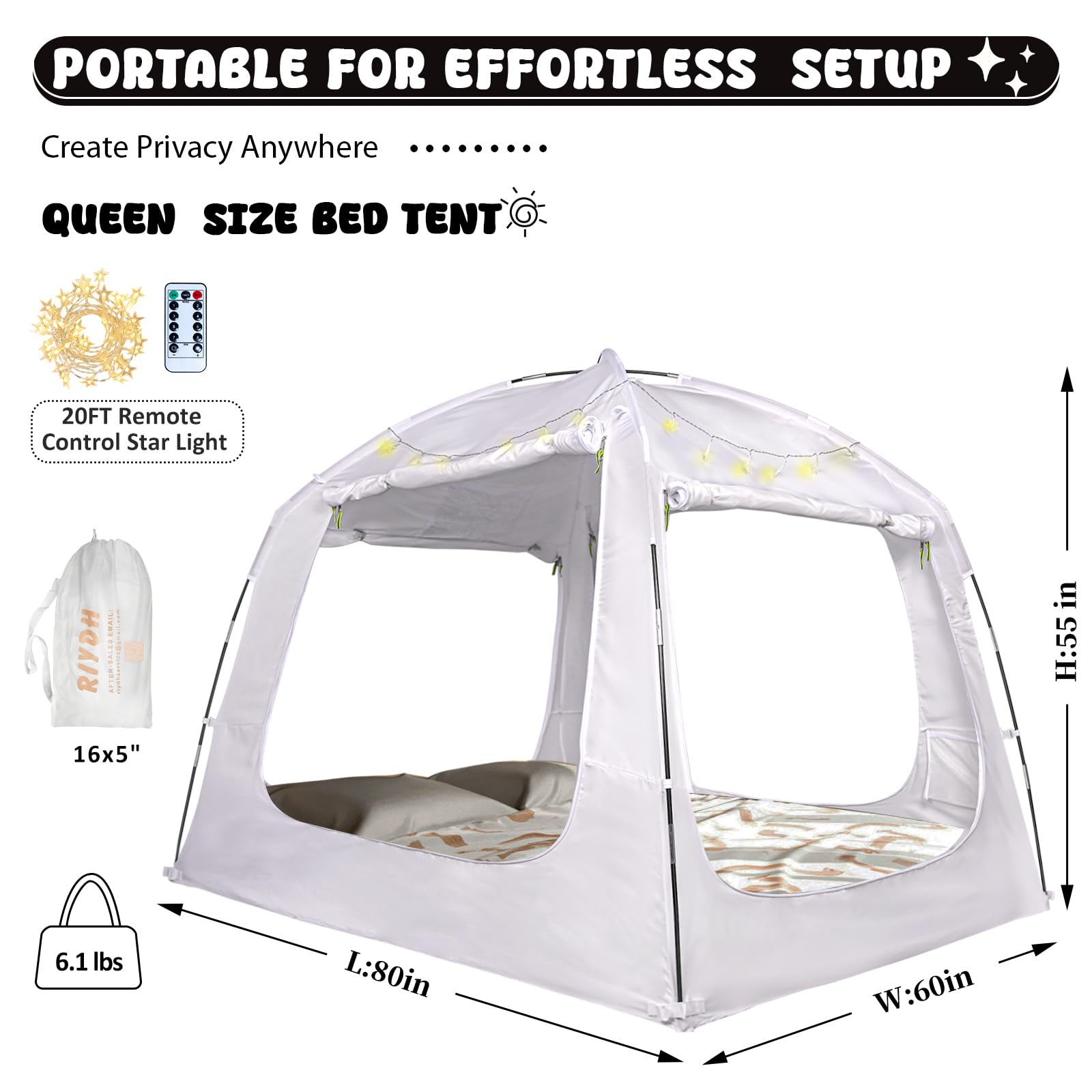 **Queen Size Bed Tent Canopy for Kids & Adults - 100% Breathable, 4 Doors, 80% Blackout - Indoor Portable Privacy Sleeping Tent with String Lights - Perfect for Camping, Bedroom Privacy & Cozy Sleepovers**