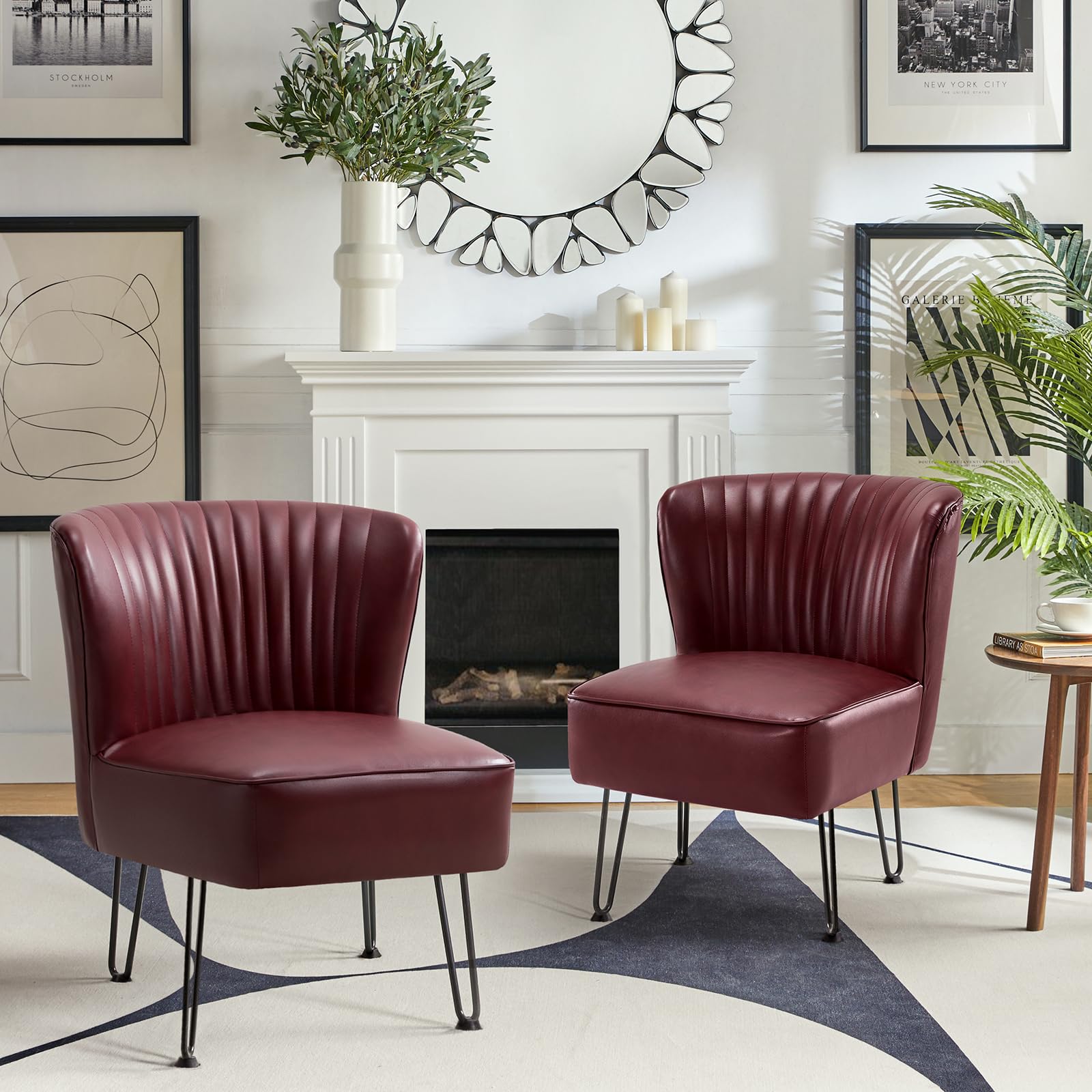 HULALA HOME Faux Leather Accent Chairs Set of 2 with Sturdy Metal Base - Mid Century Modern Living Room Armless Side Chairs - Burgundy Upholstered Comfortable Seating for Bedroom, Office & Lounge Areas