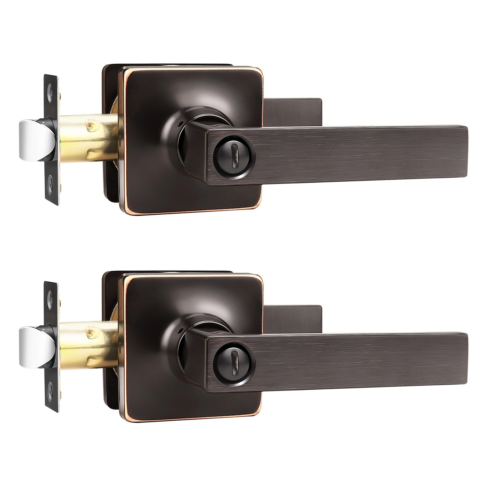 GOBEKOR 2 Pack Oil Rubbed Bronze Privacy Door Lever Handles with Lock - Modern Straight Keyless Entry for Bedroom, Bathroom & Interior Doors - Secure & Stylish Home Upgrade