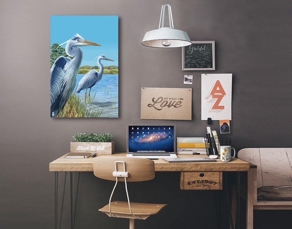 Blue Herons East Coast Wall Art - 16x24 Wrapped Canvas Print - Coastal Home Decor & Nature Wildlife Painting - Perfect for Living Room, Bedroom or Office Decoration
