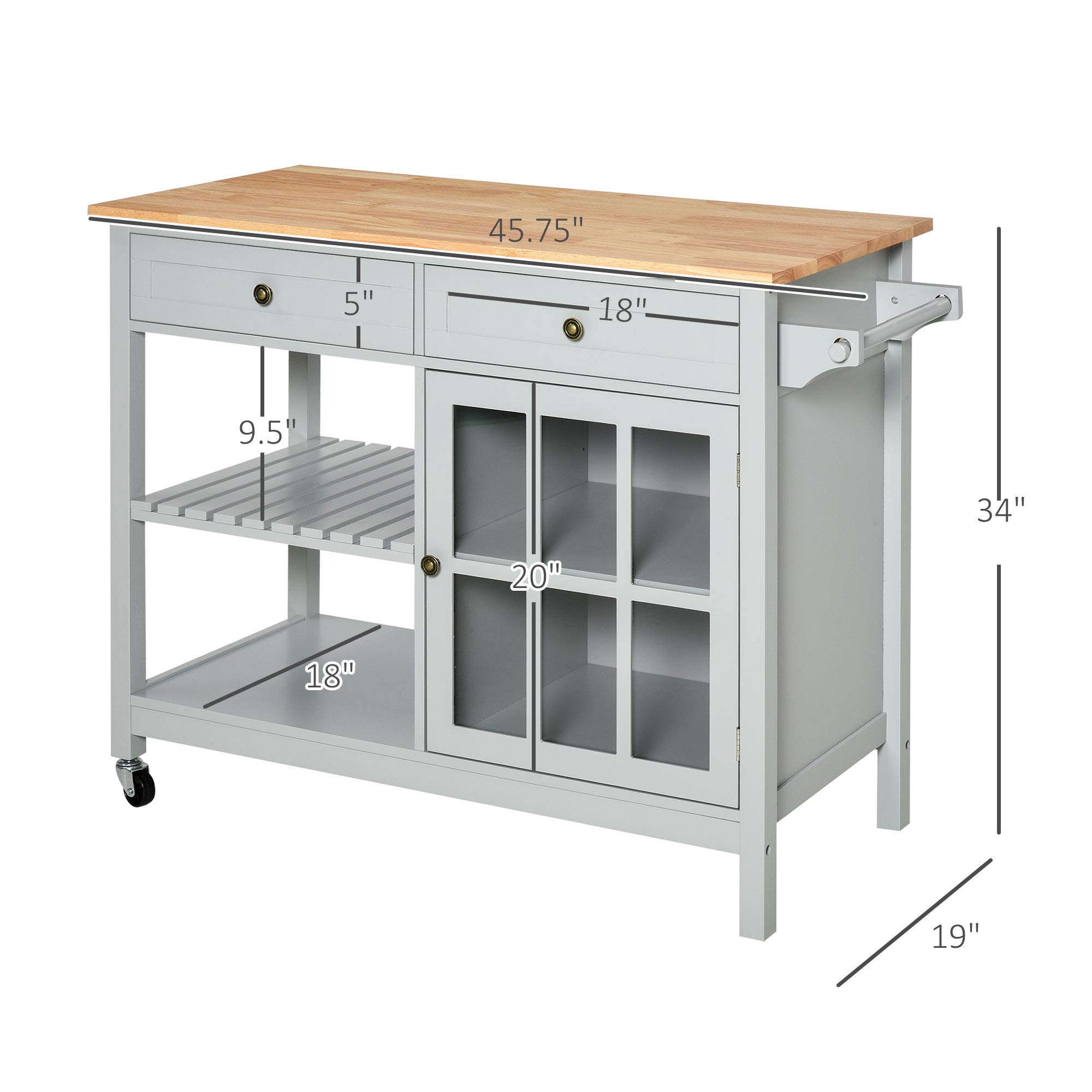 HOMCOM Rolling Kitchen Island with Storage - Solid Wood Top, Glass Door Cabinet, Adjustable Shelf & 2 Drawers - Mobile Kitchen Cart with Towel Rack for Dining Room & Small Spaces - Perfect for Meal Prep, Extra Counter Space & Organized Storage (Gray)