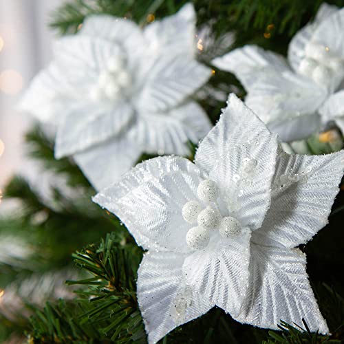 White Velveteen Poinsettias With Clip - Package of 12