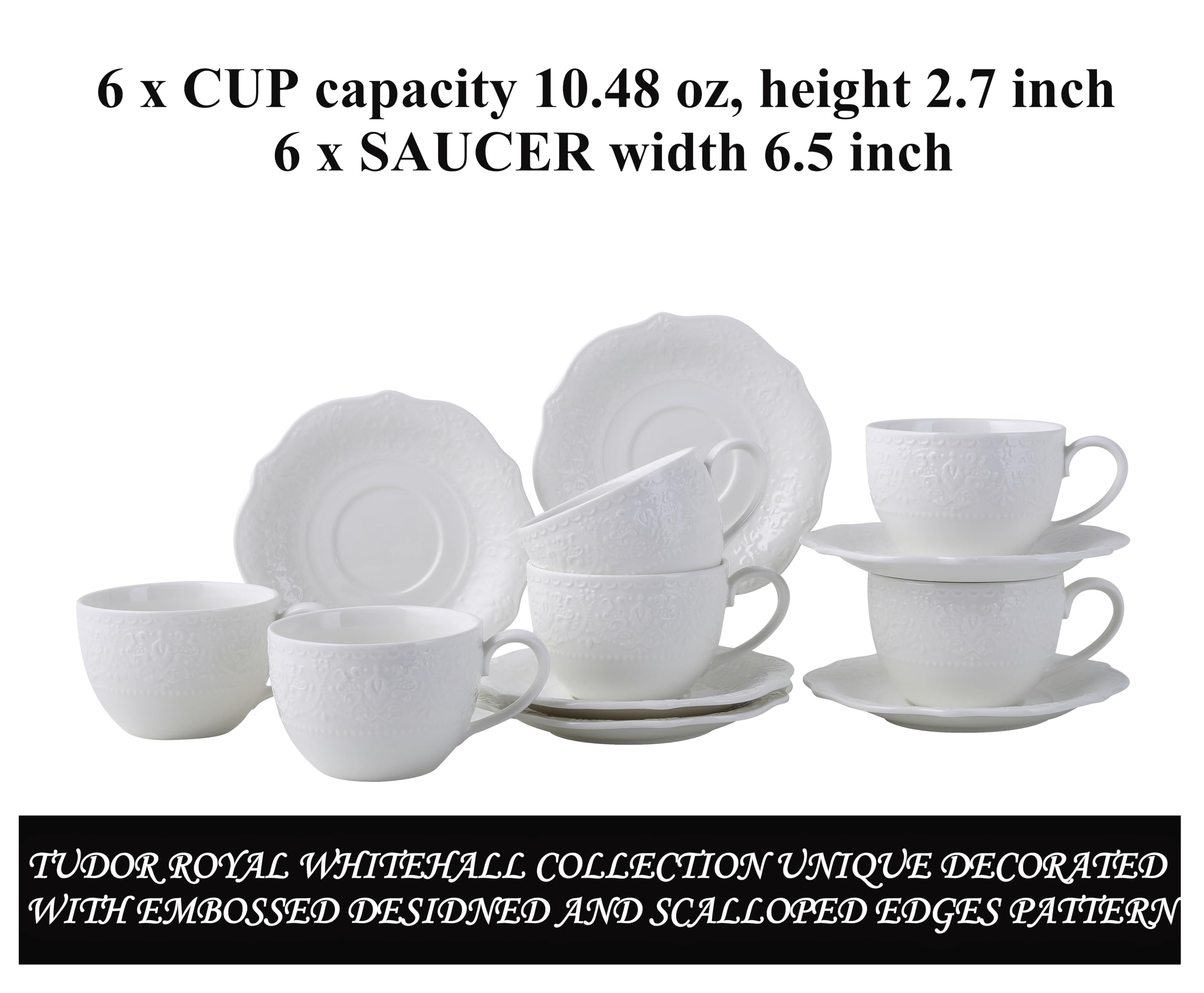 TUDOR ROYAL 12-Piece White Porcelain Cup and Saucer Set - Service for 6 with WHITEHALL Embossed Design & Scalloped Edges - Elegant Tea Set for Afternoon Tea, Bridal Shower, and Home Decor