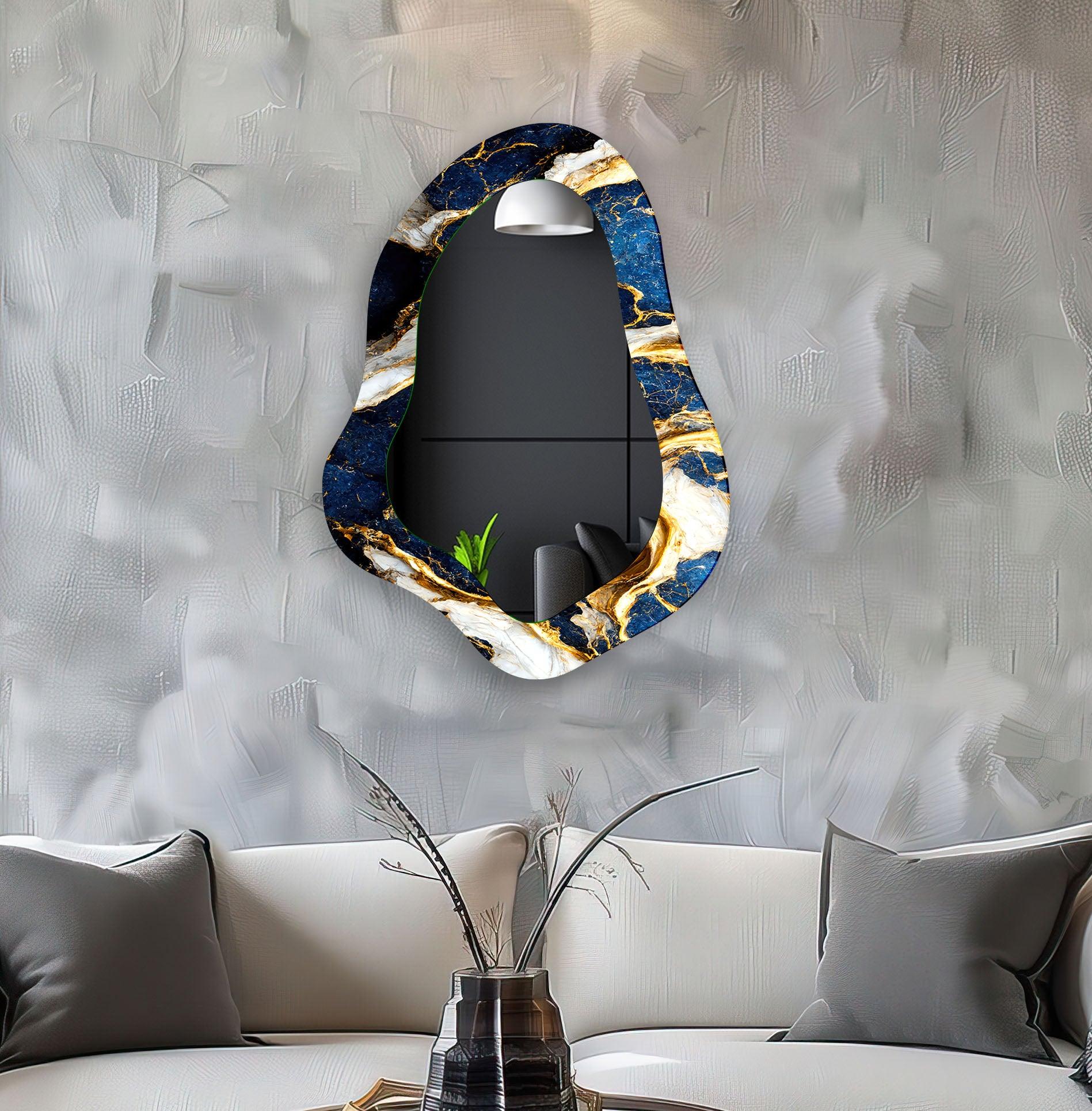 Blue & Gold Marble Bathroom Wall Mirror - Elegant Vanity Mirror for Makeup & Shaving - Perfect for Modern Bathroom Decor & Bedroom Vanity