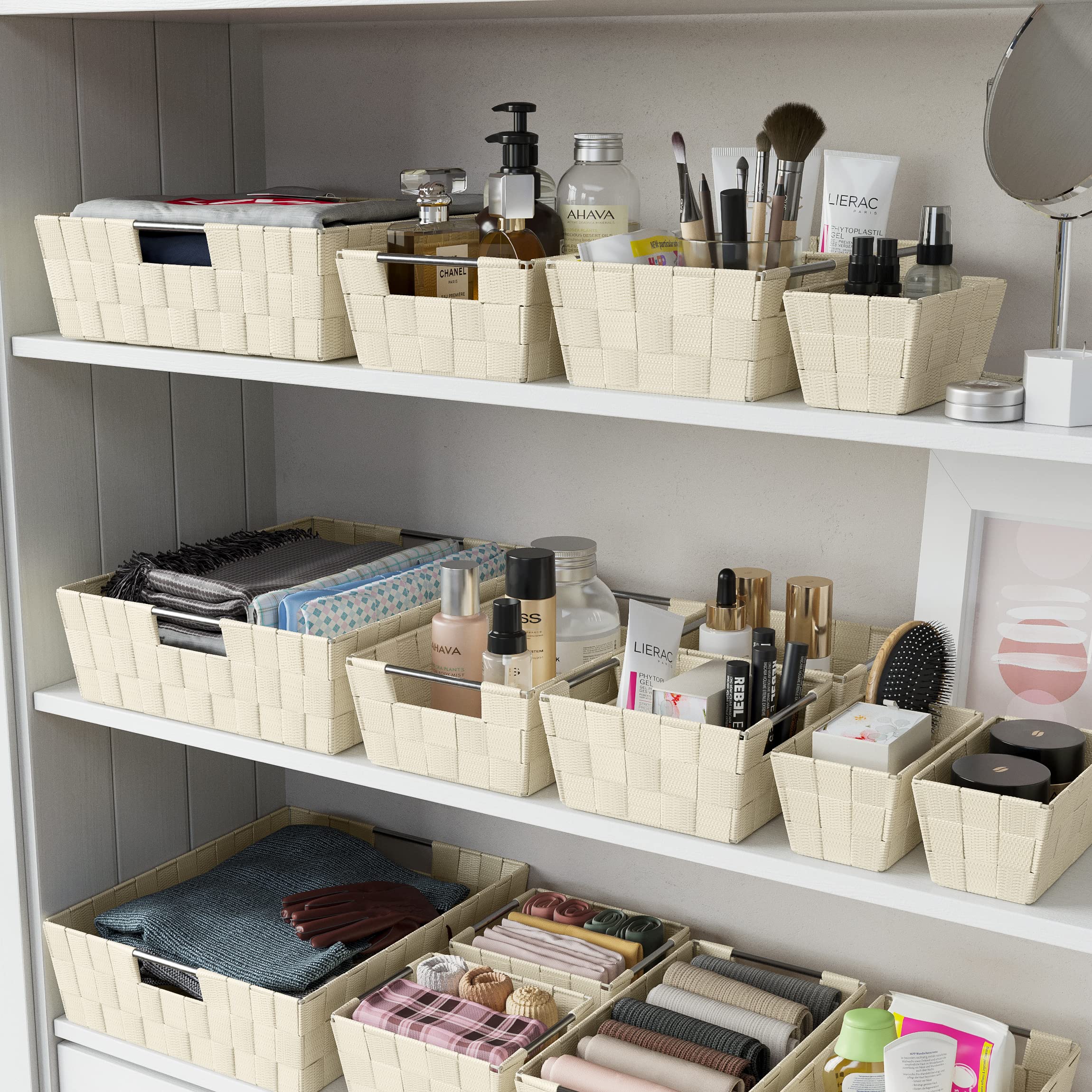 9-Piece Cream Storage Basket Set - Organizing Bins for Shelves, Closet, Bathroom & Pantry - Small Woven Storage Baskets for Home Organization (Perfect for Bedroom, Laundry Room & Kids' Room)