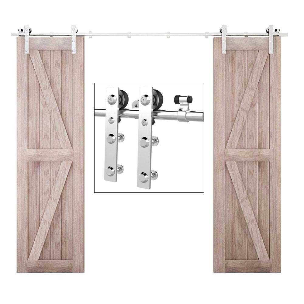 TSMST 9.6FT Heavy Duty Stainless Steel Sliding Barn Door Hardware Kit - Top Mount Track for Double Wood Doors | Smooth & Quiet L-Style Design | Perfect for Bedrooms, Closets & Farmhouse Style Homes