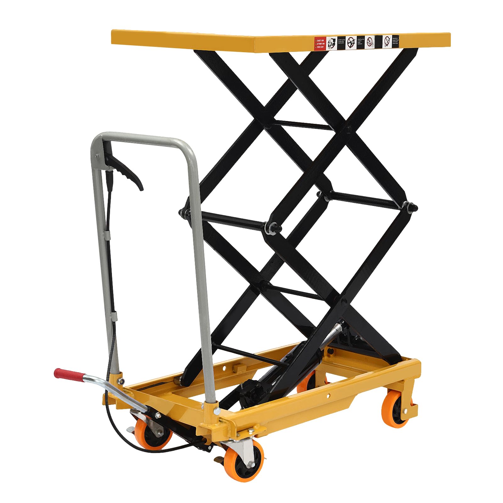 Heavy Duty Hydraulic Scissor Lift Table 770LBS Capacity - 51 Inch Height Adjustable Double Scissor Lift Platform with 4 Locking Wheels & Bracket Handle - Ideal for Warehouse Material Handling, Workshop Transportation, and Industrial Loading Operations