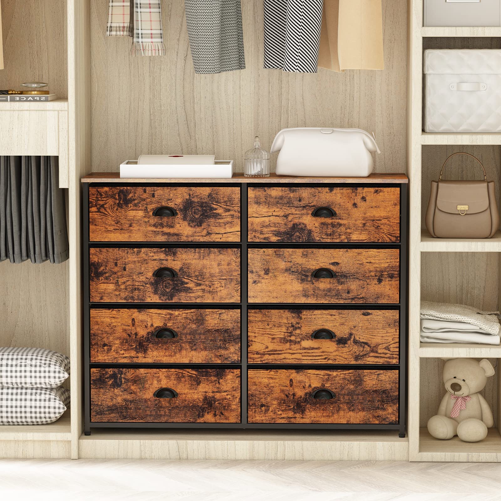Industrial Rustic Brown Fabric Dresser with 8 Large Drawers & Wood Top - Sturdy Metal Frame Wide Console Table for 50
