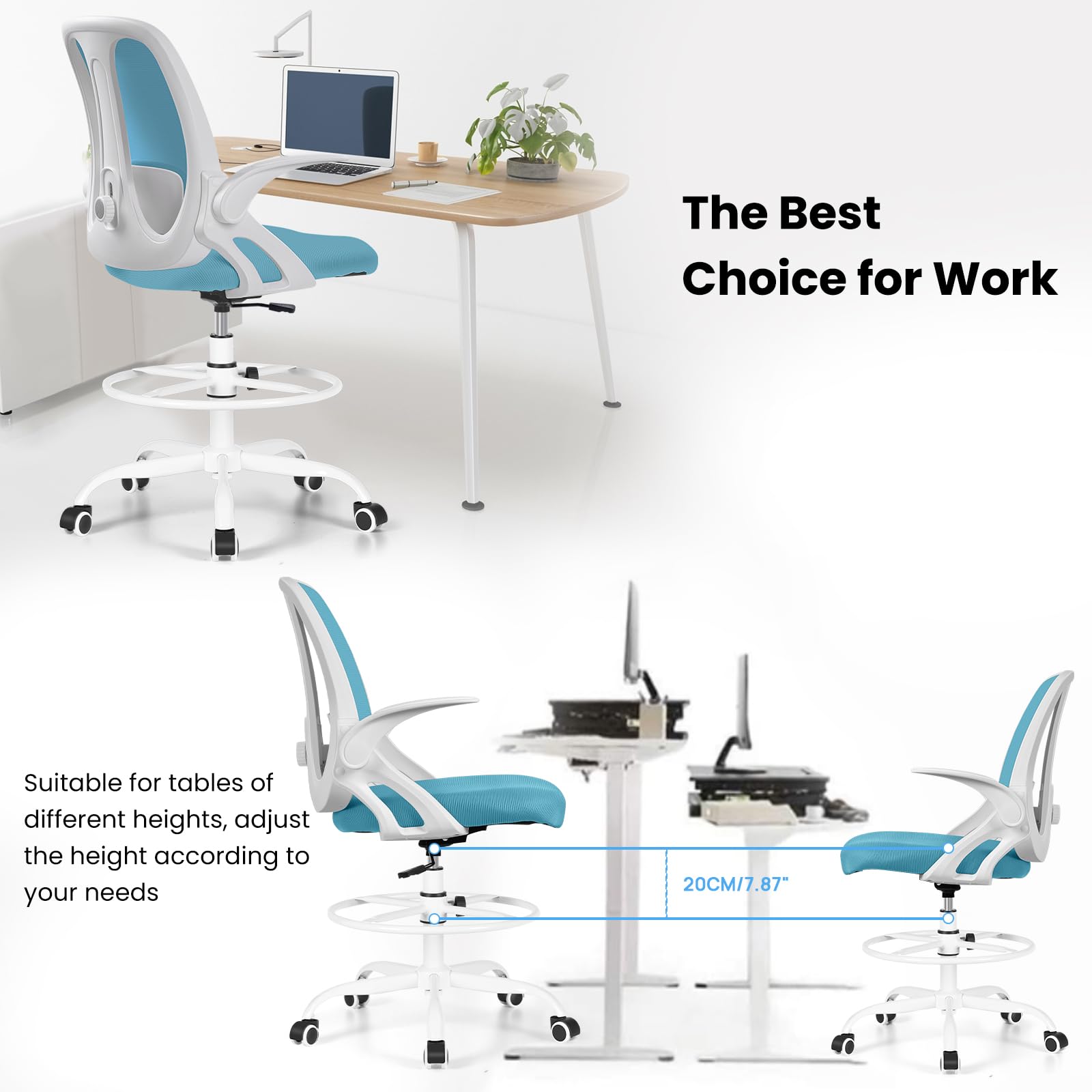 Razzor Ergonomic Drafting Chair - Adjustable Height Office Stool with Lumbar Support, Flip-Up Armrests & Footrest Ring - Blue - Perfect for Architects, Designers & Standing Desk Workstations