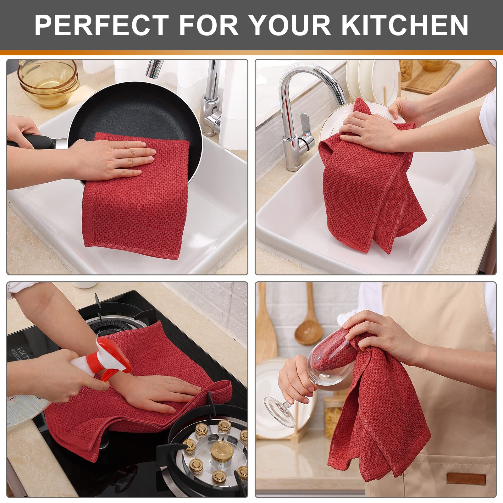 Kitinjoy 100% Cotton Waffle Weave Kitchen Towels - 4 Pack Super Soft & Absorbent Dish Cloths for Drying Dishes, Hands & Countertops (13x28 Inches, Brick Red) - Perfect for Everyday Kitchen Use, Cleaning & Decor