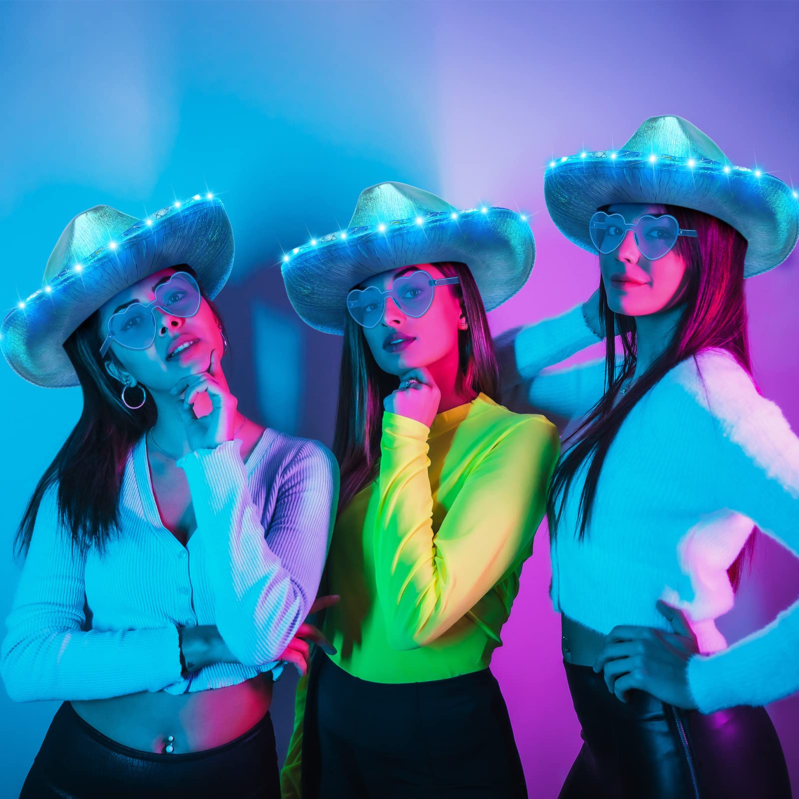 Zhanmai 8-Piece Cowgirl Costume Set - LED Light Up Cowboy Hat & Heart Sunglasses for Women & Girls - Sparkly Western Party Accessories for Halloween, Rodeo, Music Festivals & Themed Events