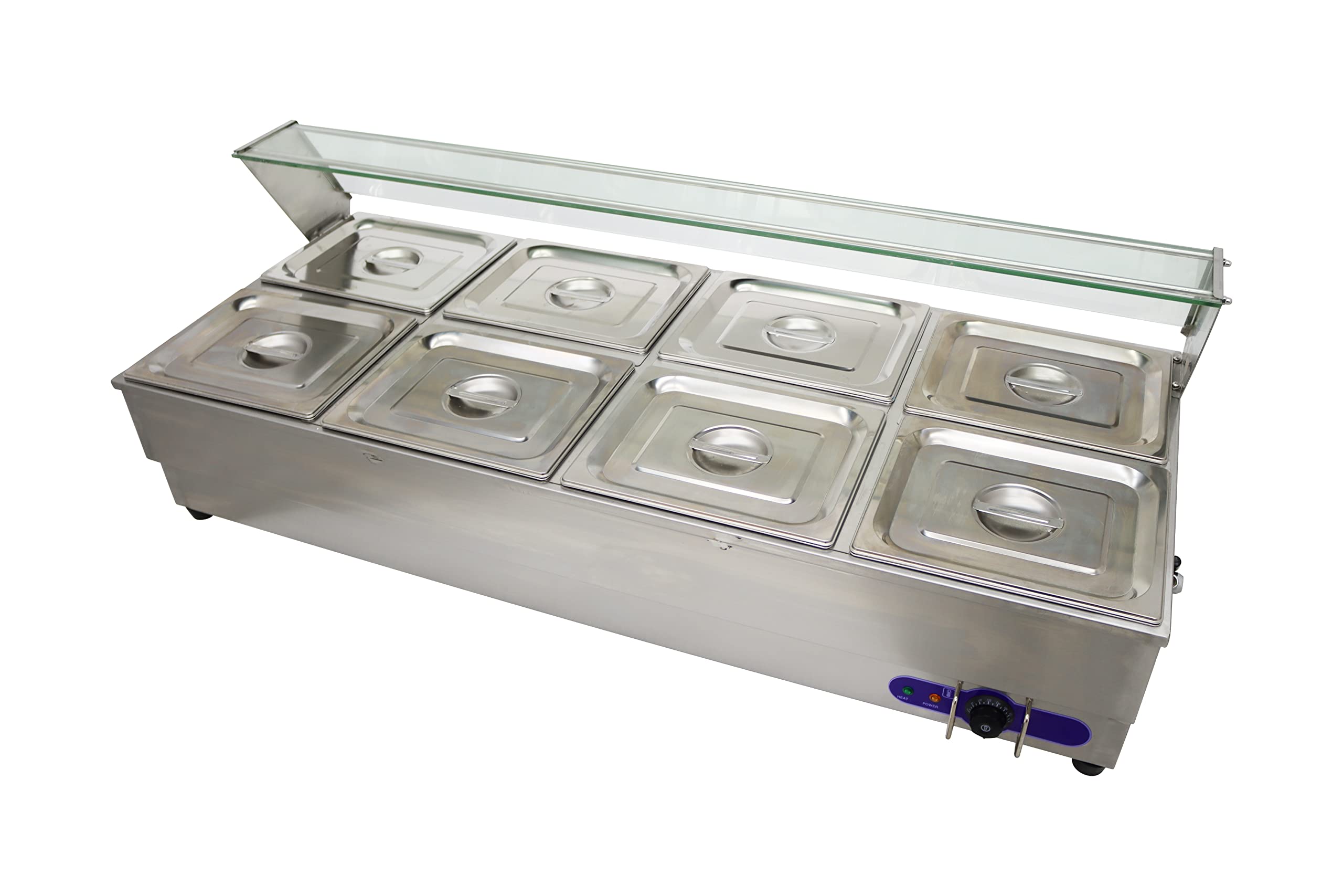 INTSUPERMAI Commercial 8-Pan Food Warmer - 6-Inch Deep Stainless Steel Bain Marie with Glass Shield - Countertop Buffet Steam Table for Soup, Canteen & Catering - 110V Electric Food Warmer for Restaurants, Cafeterias & Events