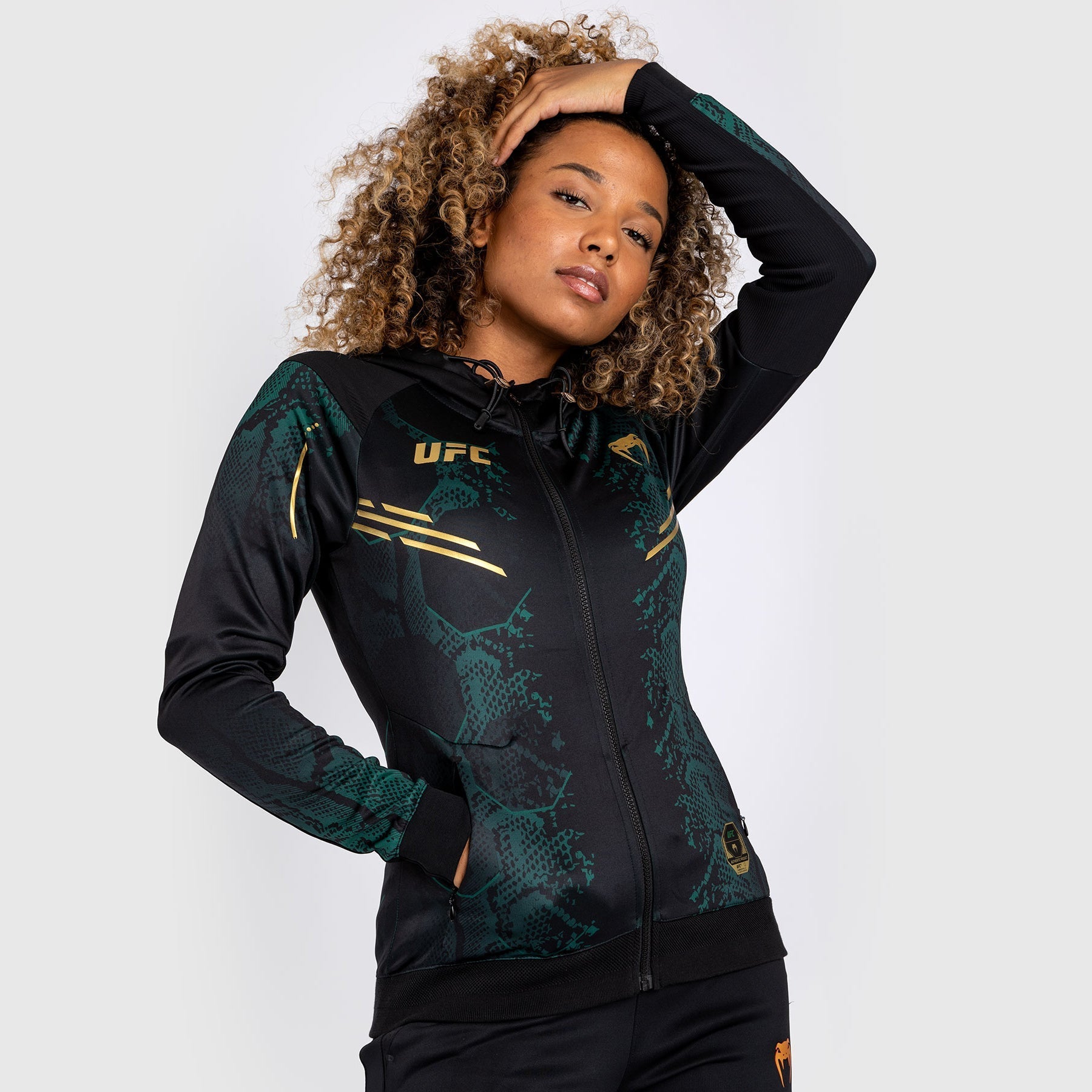 Venum UFC Adrenaline Personalized Authentic Fight Night Women's Walkout Hoodie - Emerald Edition Green/Black/Gold | MMA Training & Fight Night Apparel for Female Fighters