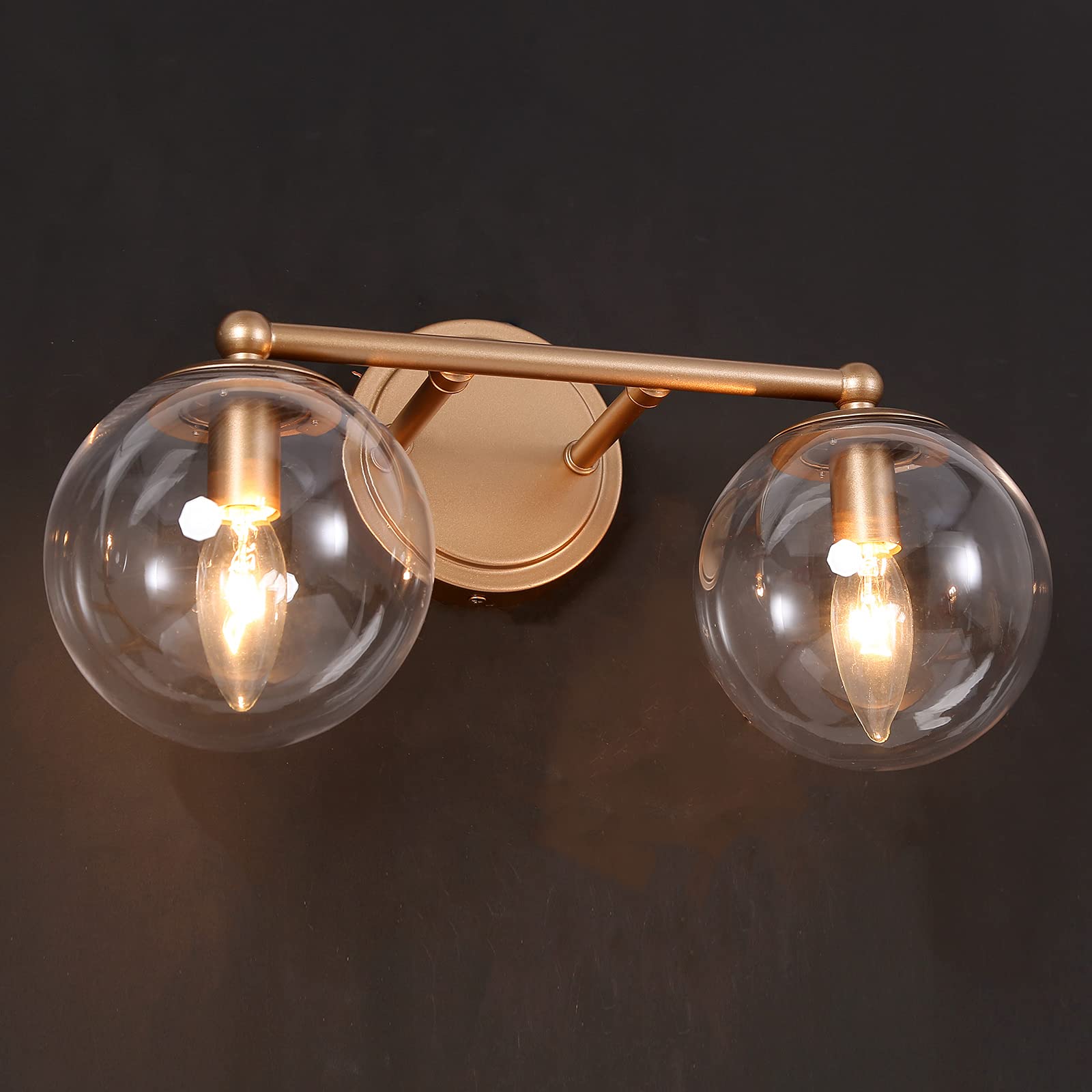 Modern Gold Bathroom Vanity Light Fixture - 2-Light LED Bathroom Sconce with Clear Glass Globe Shade (15