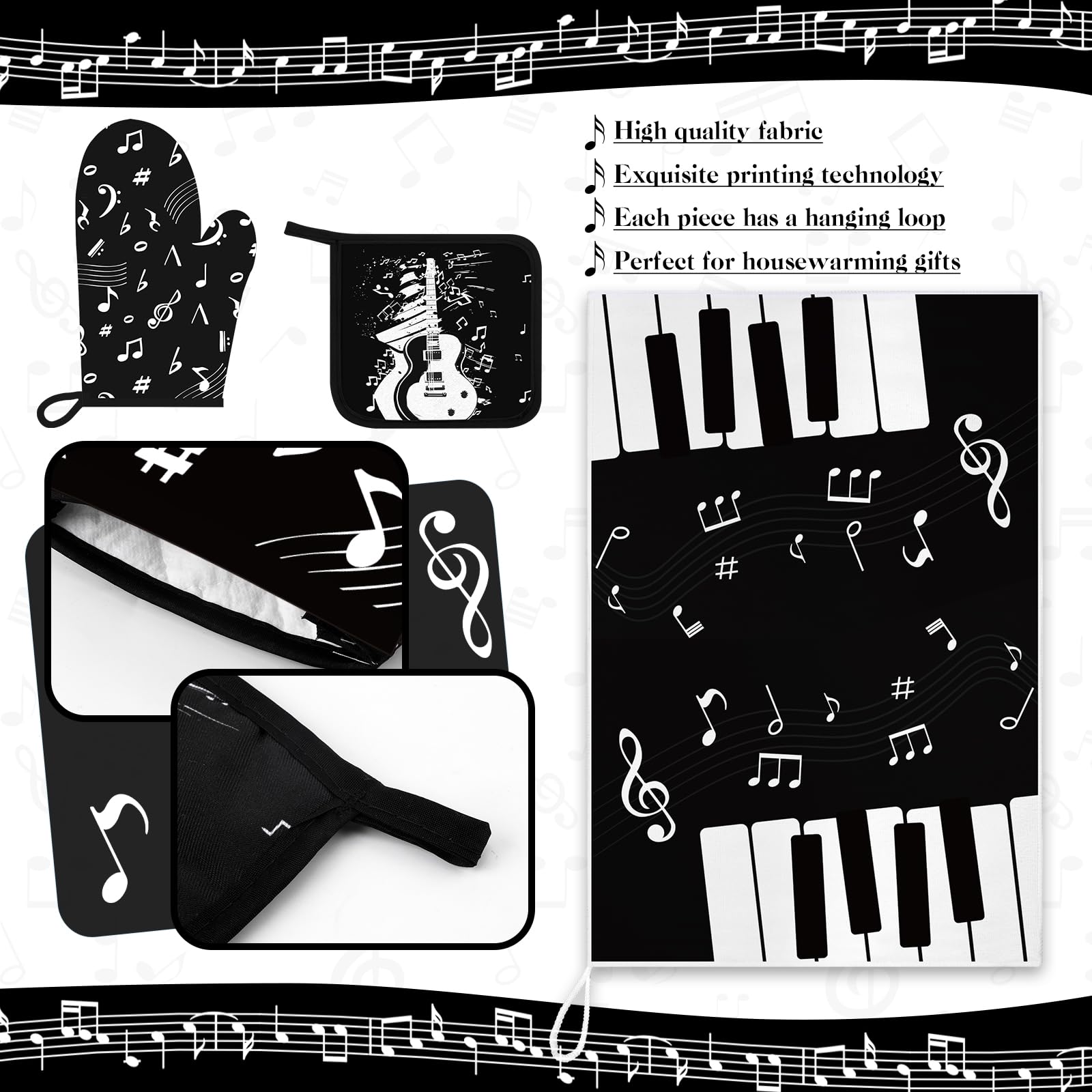 **Leinuosen 8-Piece Kitchen Towel Set - Absorbent Dishcloths, Heat-Resistant Oven Mitts & Pot Holders for Cooking, Baking & Chef Use - Black, White & Music Note Design - Perfect for Home, Restaurant & BBQ**