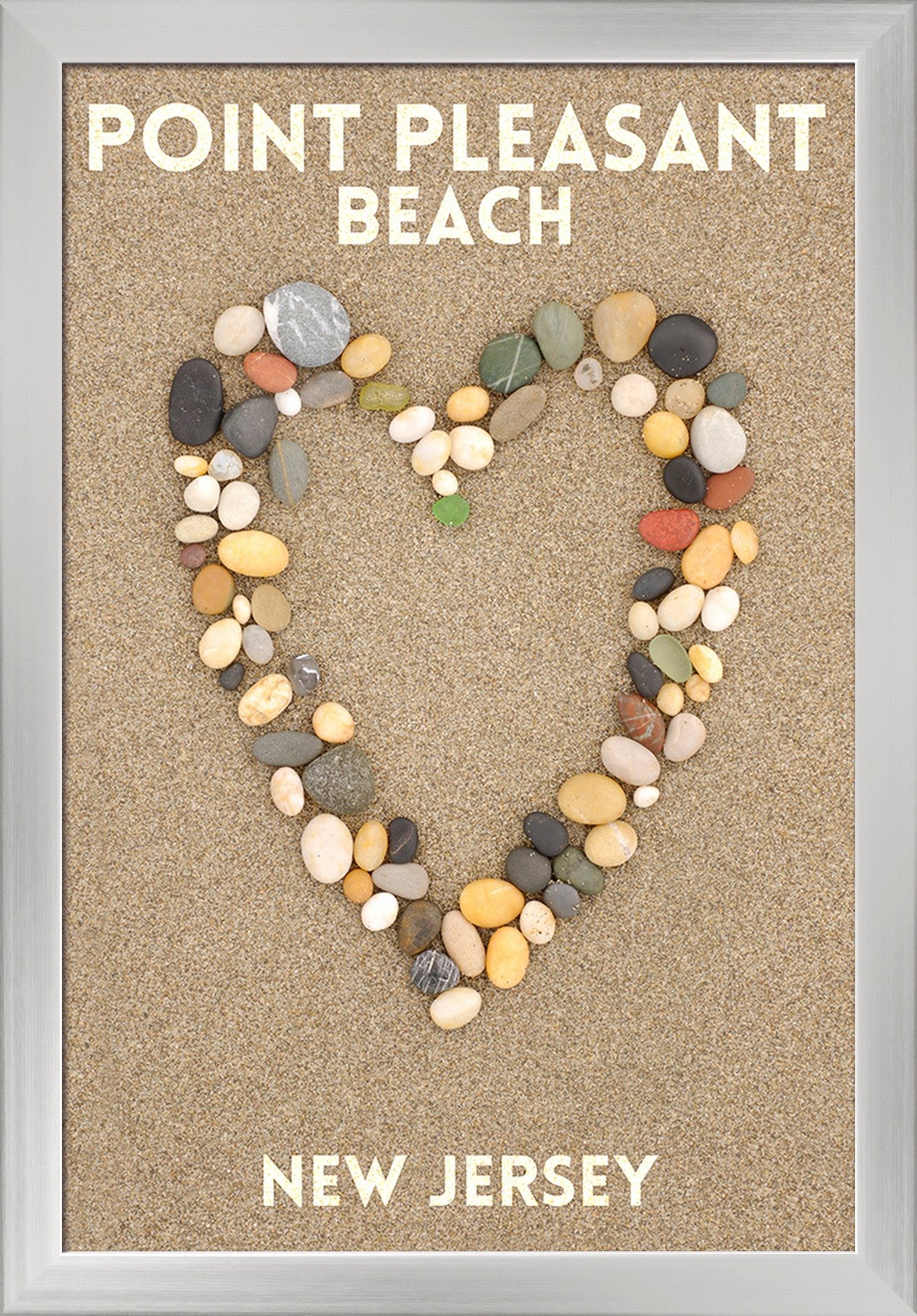 16x24 Stone Heart on Sand Giclee Fine Art Print - Recycled Wood Frame in Silver - Point Pleasant Beach New Jersey Wall Decor for Living Room, Bedroom & Office