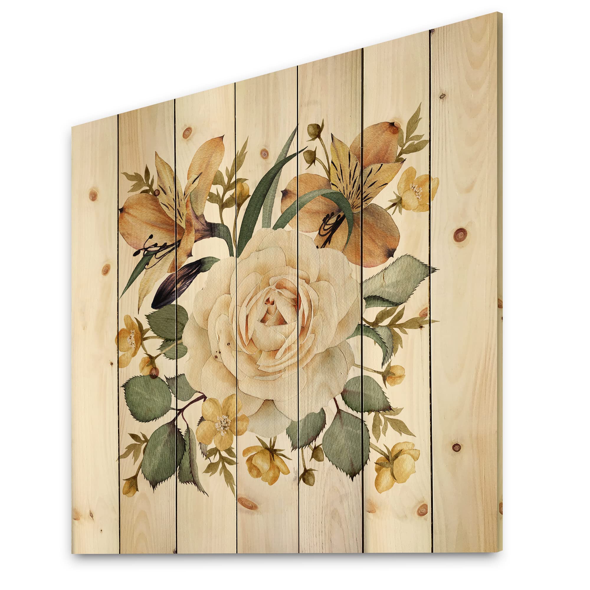 Vintage White Rose Wood Wall Decor - Traditional Floral Wall Art Panel, Large Beige Pine Wood Wall Hanging for Living Room, Bedroom & Home Decor