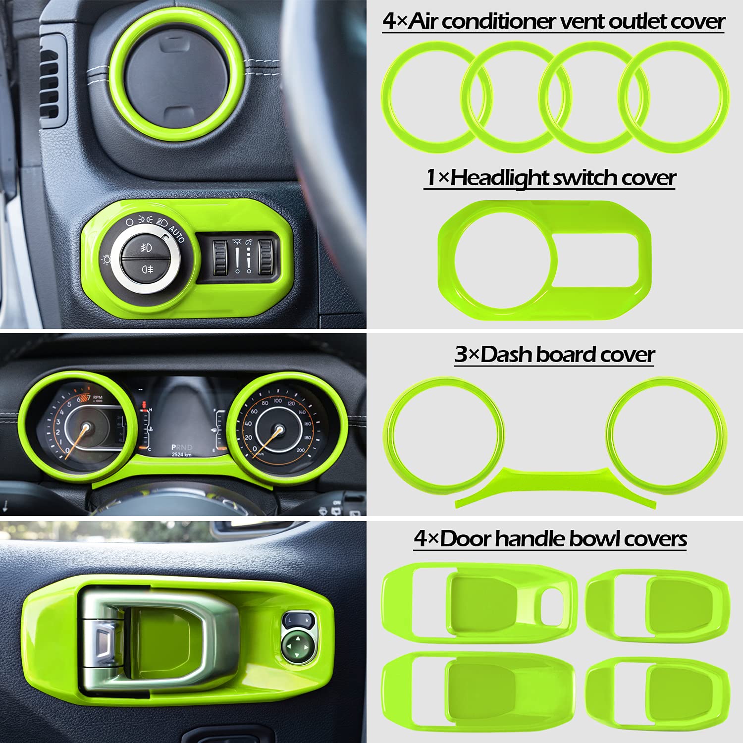 21PCS Full Interior Trim Kit for Jeep Wrangler JL/JLU 2018-2023 & Gladiator JT - AC Vent, Door Handle, Speaker, Light & Headlight Switch Covers (Green) | Upgrade Your Jeep's Interior Style for Off-Road Adventures & Daily Driving