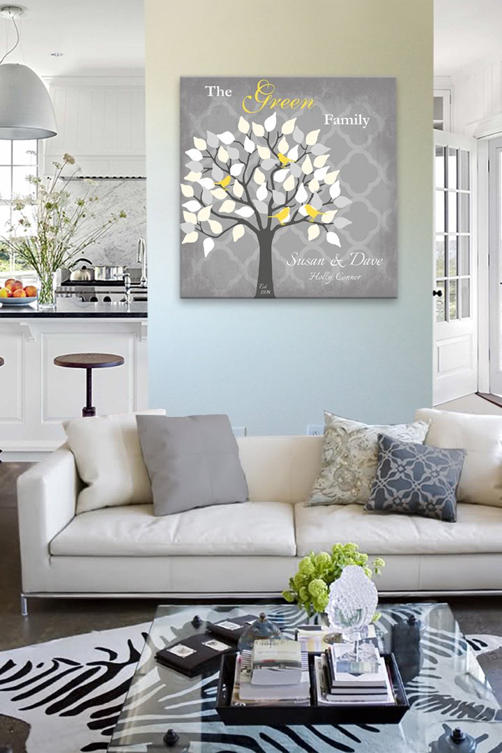Personalized Family Tree Canvas Wall Art - Custom Anniversary & Wedding Gift - Housewarming, Bridal Shower, Birthday, Retirement, Office Party Decor - 30 x 30 Inch Gray Wall Hanging for Home & Office Decorations