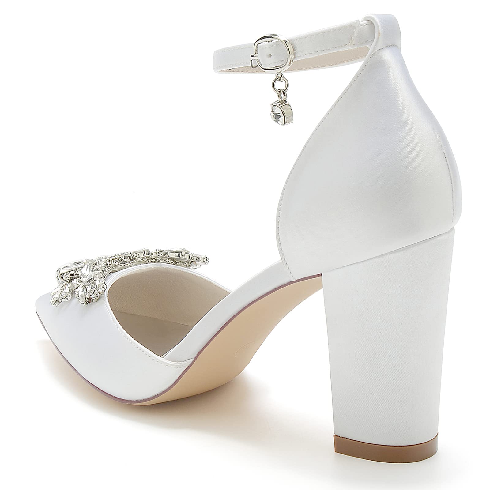 COMFASH 3.3 Inch Closed Toe Wedding Shoes - Chunky Heel Satin Bridal Pumps for Evening Party & Dress Occasions - Rhinestone Embellished Court Shoes in White (Size 10.5 US) - Perfect for Bridal Showers, Receptions & Formal Events