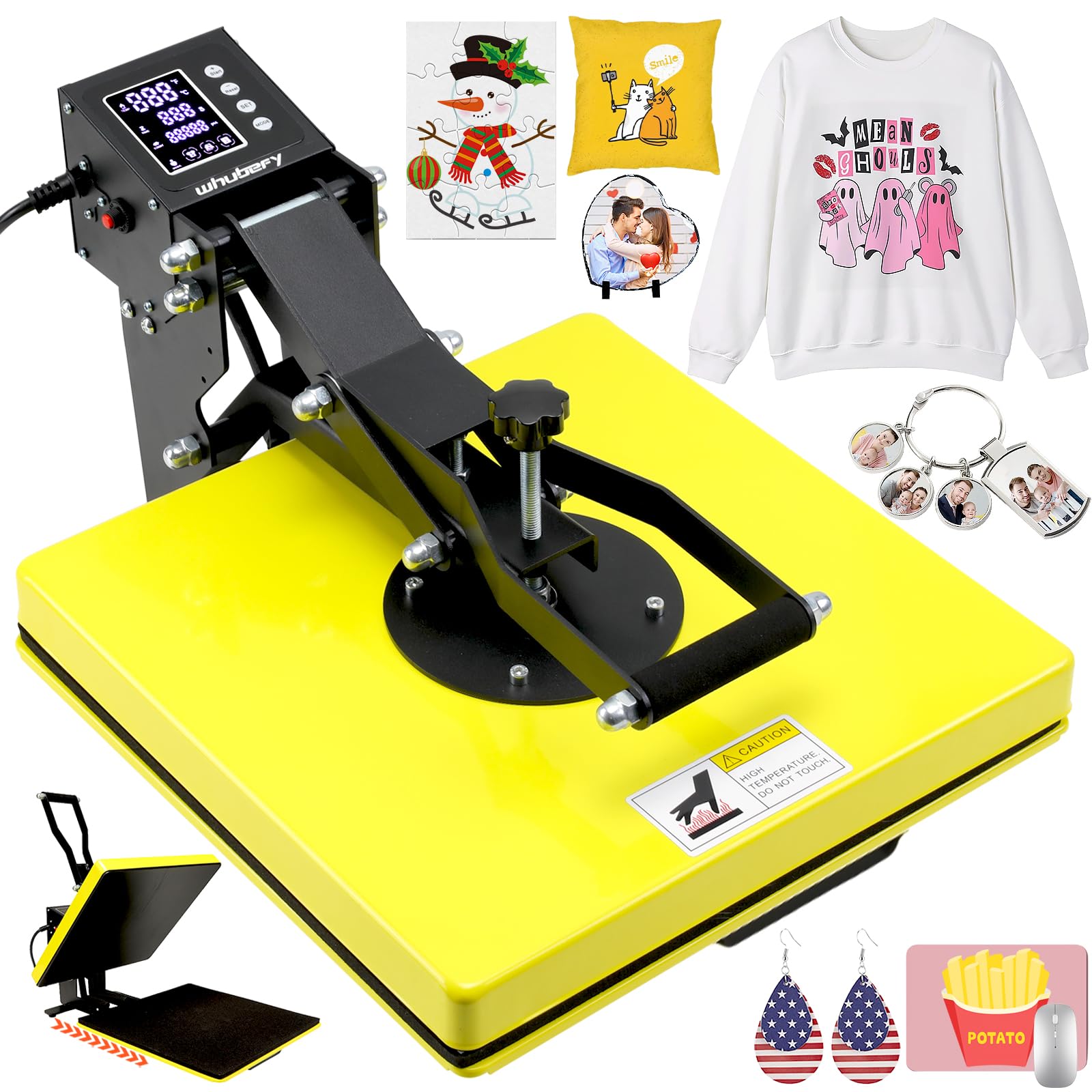 Whubefy 15x15 Digital Clamshell Heat Press Machine - Fast & Even Heating T-Shirt Printer for Sublimation - Perfect for DIY T-Shirts, Mouse Pads, Pillows, Coasters & Puzzles - Home & Small Business Use