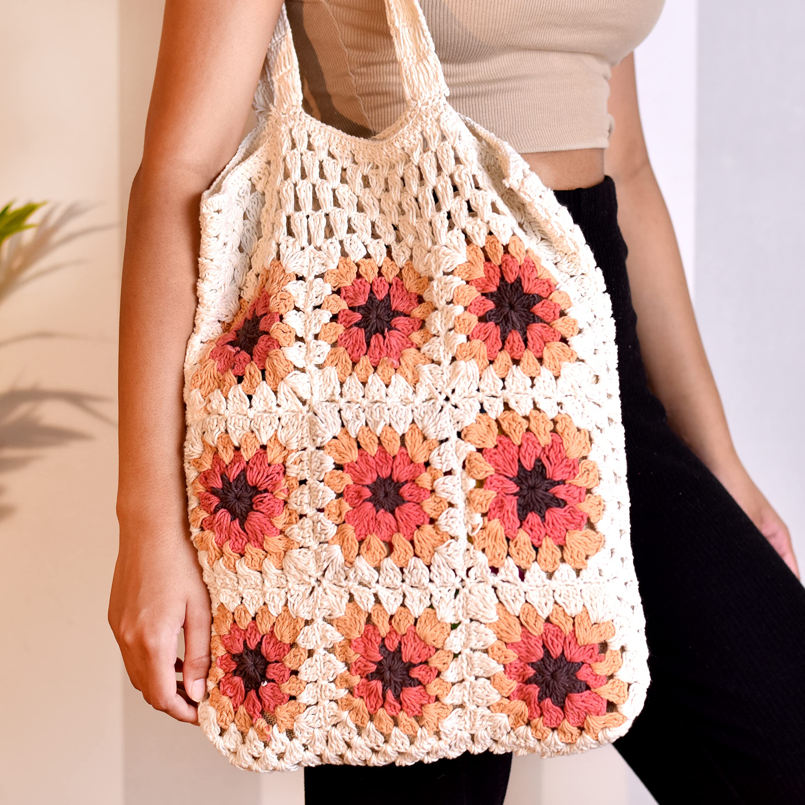 Handmade Indian Boho Macrame Tote Bag for Women - White Crochet Woven Shoulder Bag, Eco-Friendly Cotton Grocery & College Bag - Perfect for Beach, Shopping & Travel Accessories