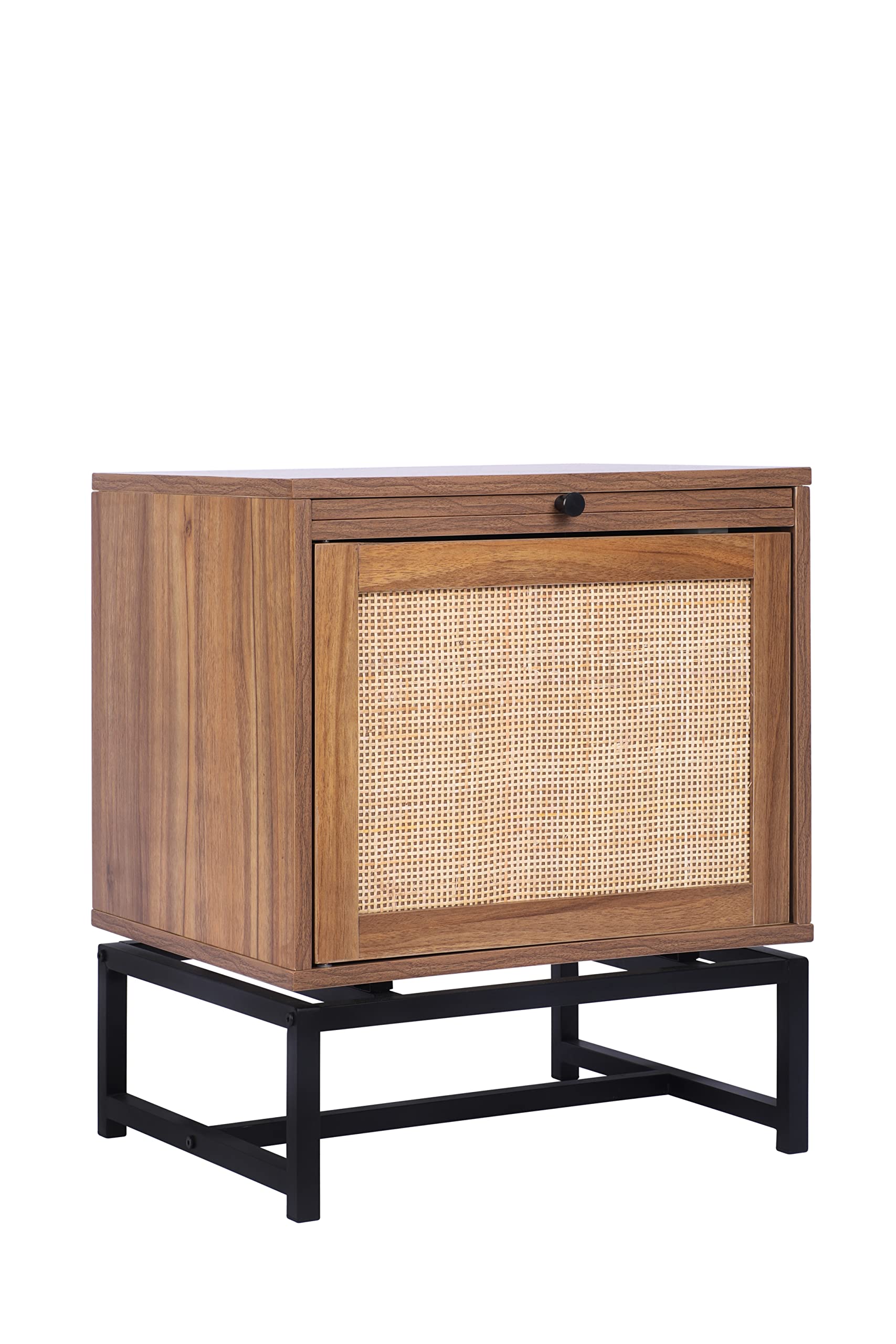Natural Rattan Nightstand with Pressing Door & Pull Plate - Modern Sofa Side Table, End Table & Bedside Table with Frosted Metal Base - Perfect for Living Room, Study, Bedroom & Dorm Décor
