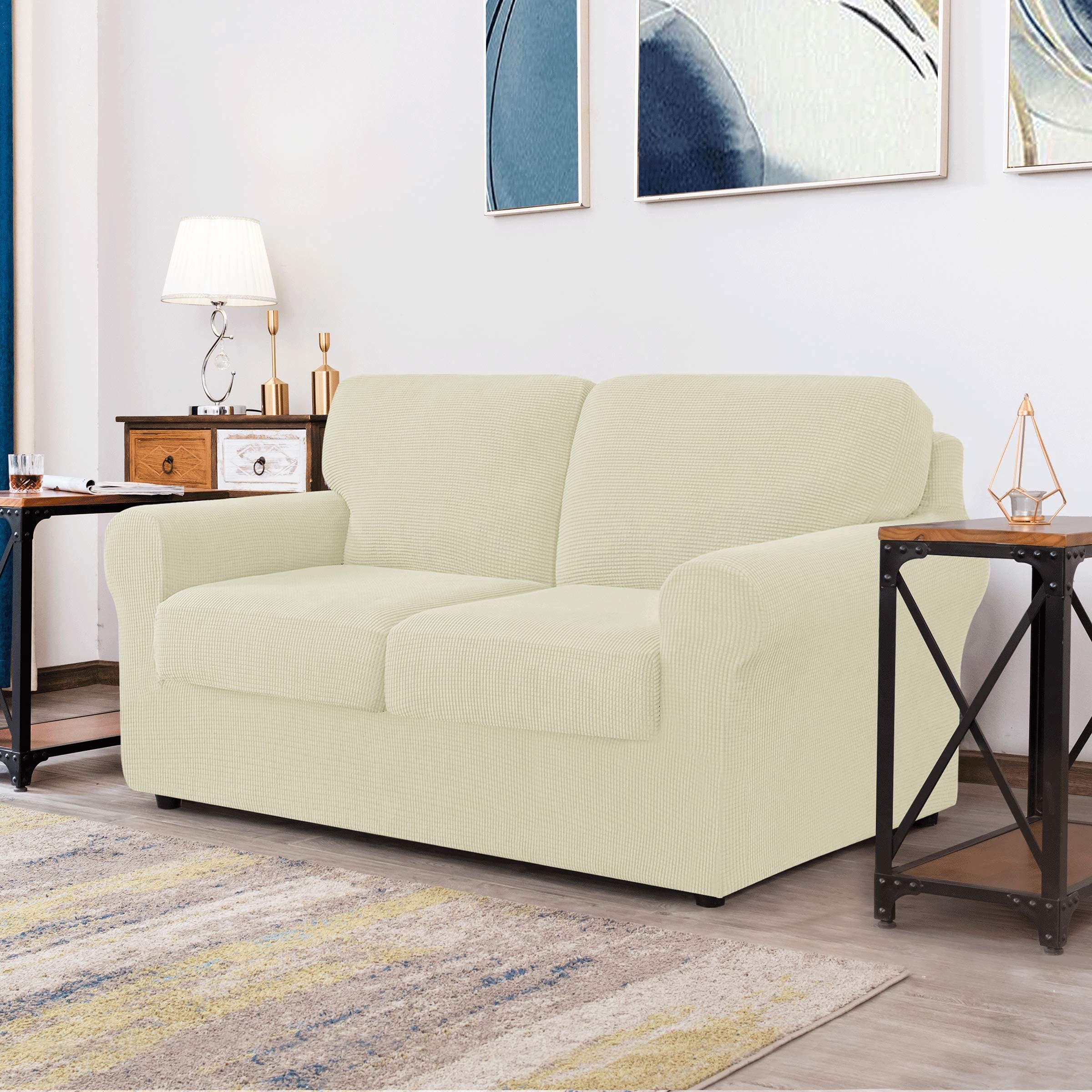 CHUN YI Loveseat Sofa Cover Set - Stretchable Jacquard Fabric Slipcover with Detachable Backrest & Cushion Covers, Checkered Pattern (Ivory White) - Perfect for Living Room, Bedroom, and Home Decor Protection