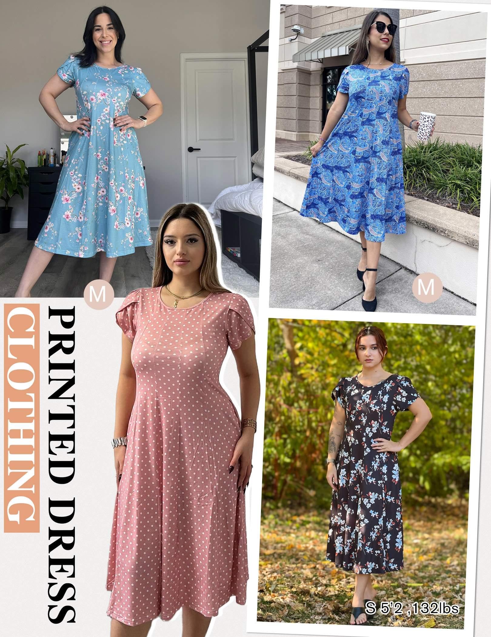 Zeagoo Women's Summer Casual Short Sleeve Pleated Flowy Midi Dress - Loose Beach Sundress with Pockets for Vacation, Travel, and Outdoor Activities