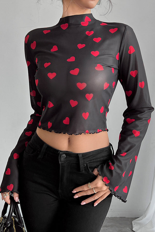 Stylish Printed Mesh Trumpet Sleeve Slim Fit Blouse for Women | Fashionable Party & Evening Wear