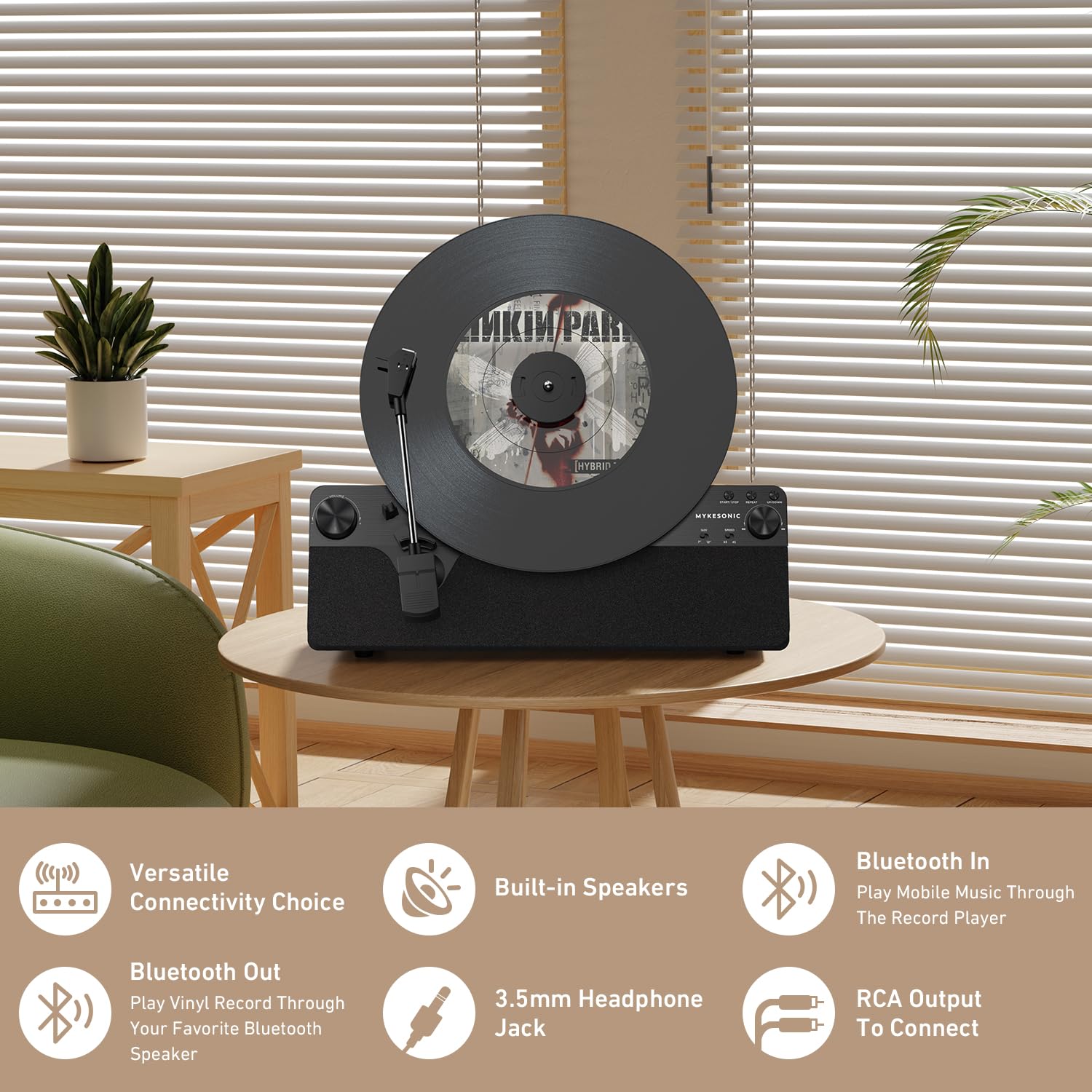 MYKESONIC Vertical Automatic Bluetooth Record Player - Belt Drive Vinyl Turntable with AT-3600L Magnetic Cartridge, Hi-Fi Stereo Speakers, Bluetooth In/Out, Aux & RCA Outputs - Perfect for Home Entertainment, Vinyl Collectors & Retro Music Lovers