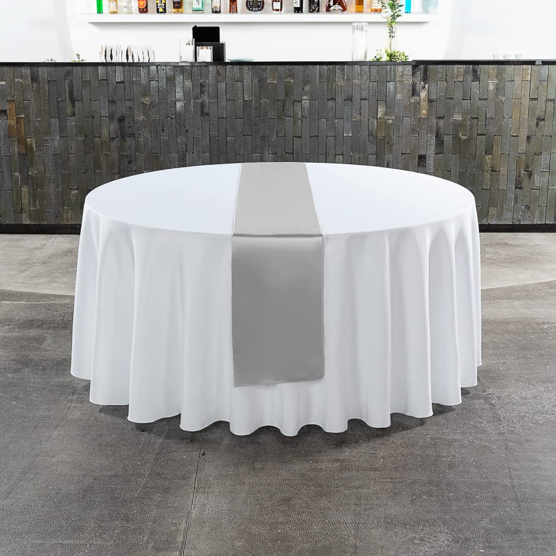 Restaurantware Table Tek 12 x 108 Inch Satin Table Runner - Machine Washable Silver Polyester Decorative Tablecloth for Weddings, Parties & Events | Perfect for Banquet Tables, Buffet Displays & Holiday Decorations