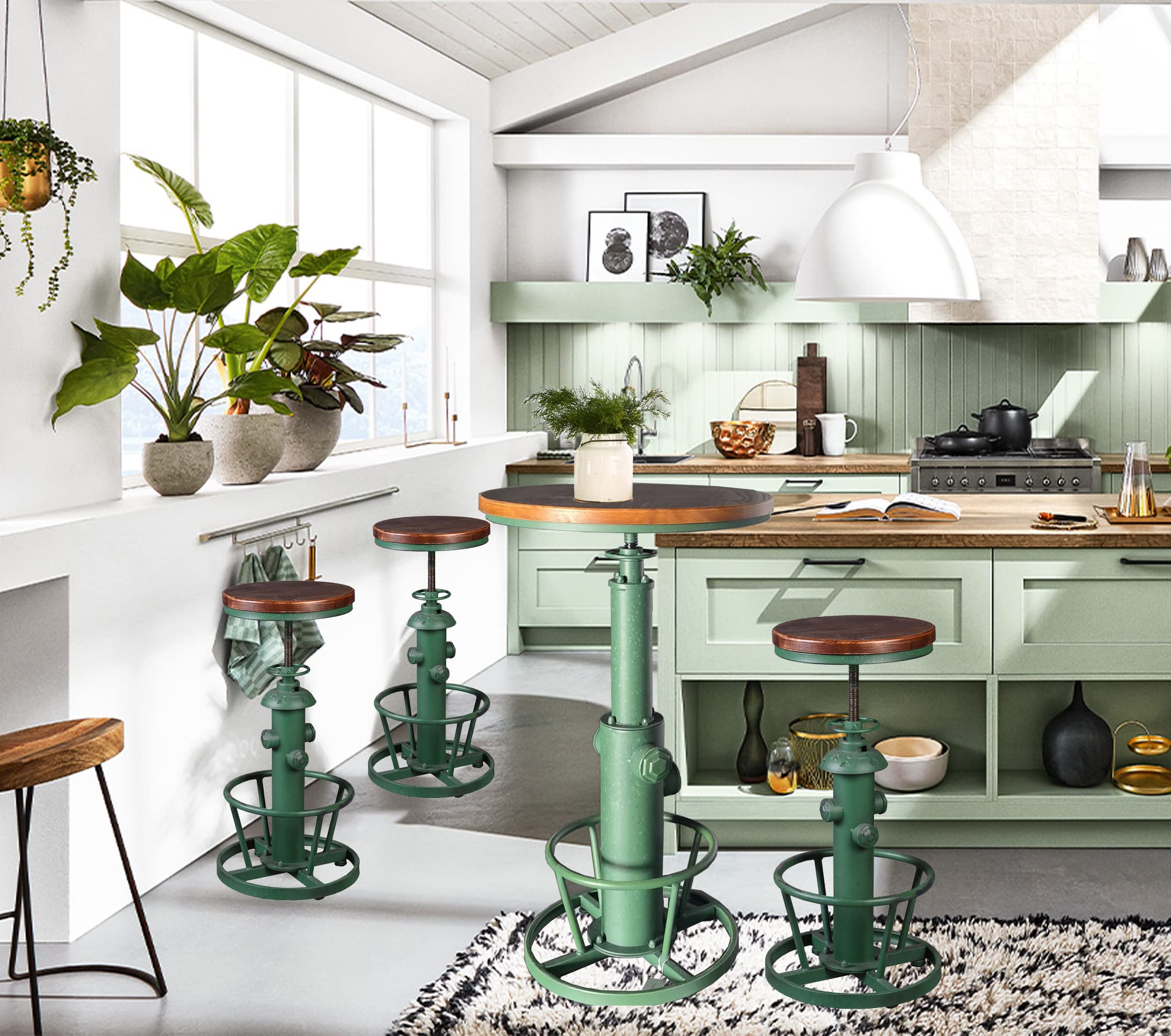 Adjustable Height Industrial Bar Table 38.58-48.43 Inches - Antique Green Pub Table for Kitchen, Dining Room & Coffee Bistro | Perfect for Home Bars, Restaurants and Outdoor Entertaining