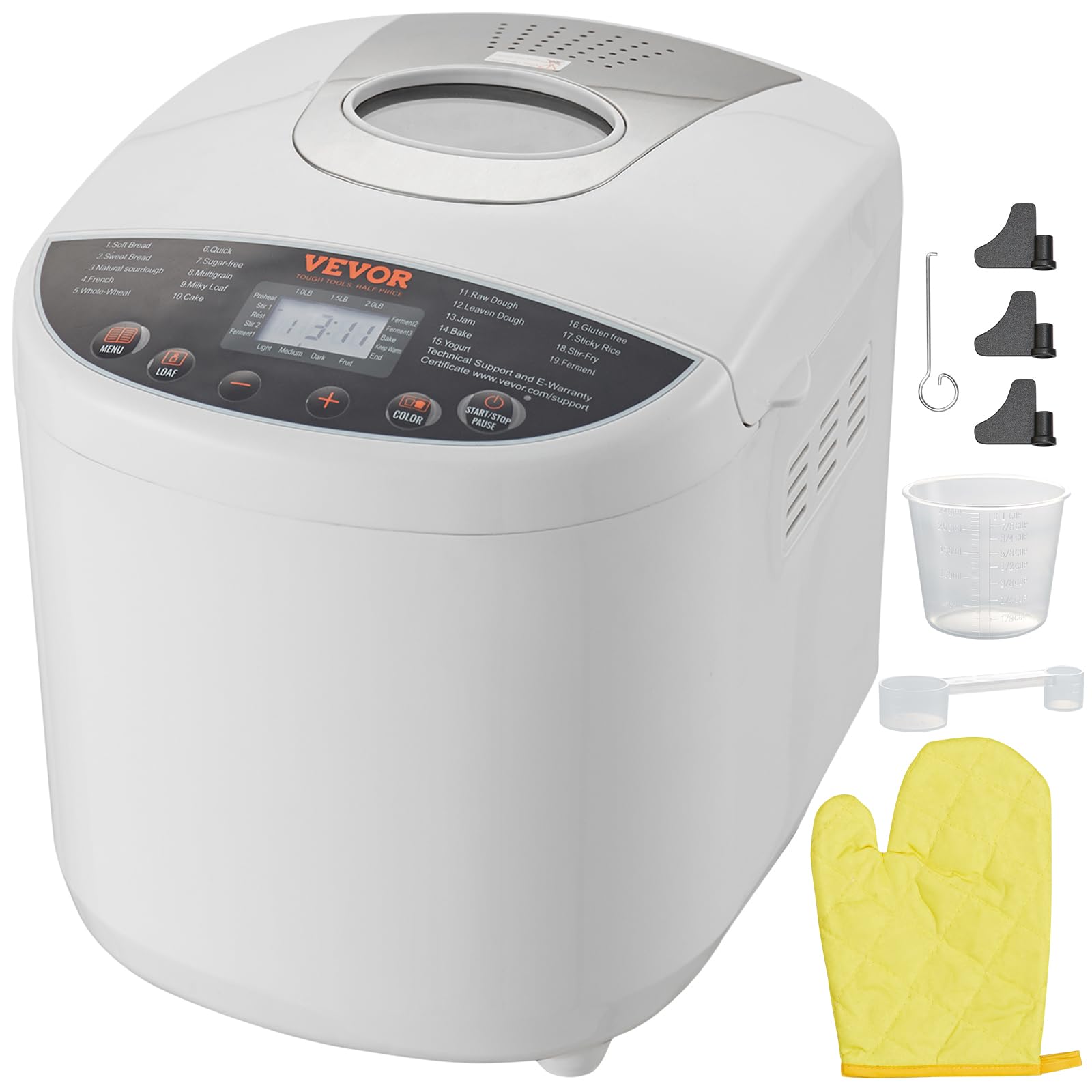 VEVOR 2LB Automatic Bread Maker Machine - 19-in-1 Programmable Dough Maker with Gluten-Free Setting, Nonstick Ceramic Pan, Whole Wheat & White Bread Options, 3 Loaf Sizes & Crust Colors - Perfect for Home Baking, Breakfast & Healthy Eating
